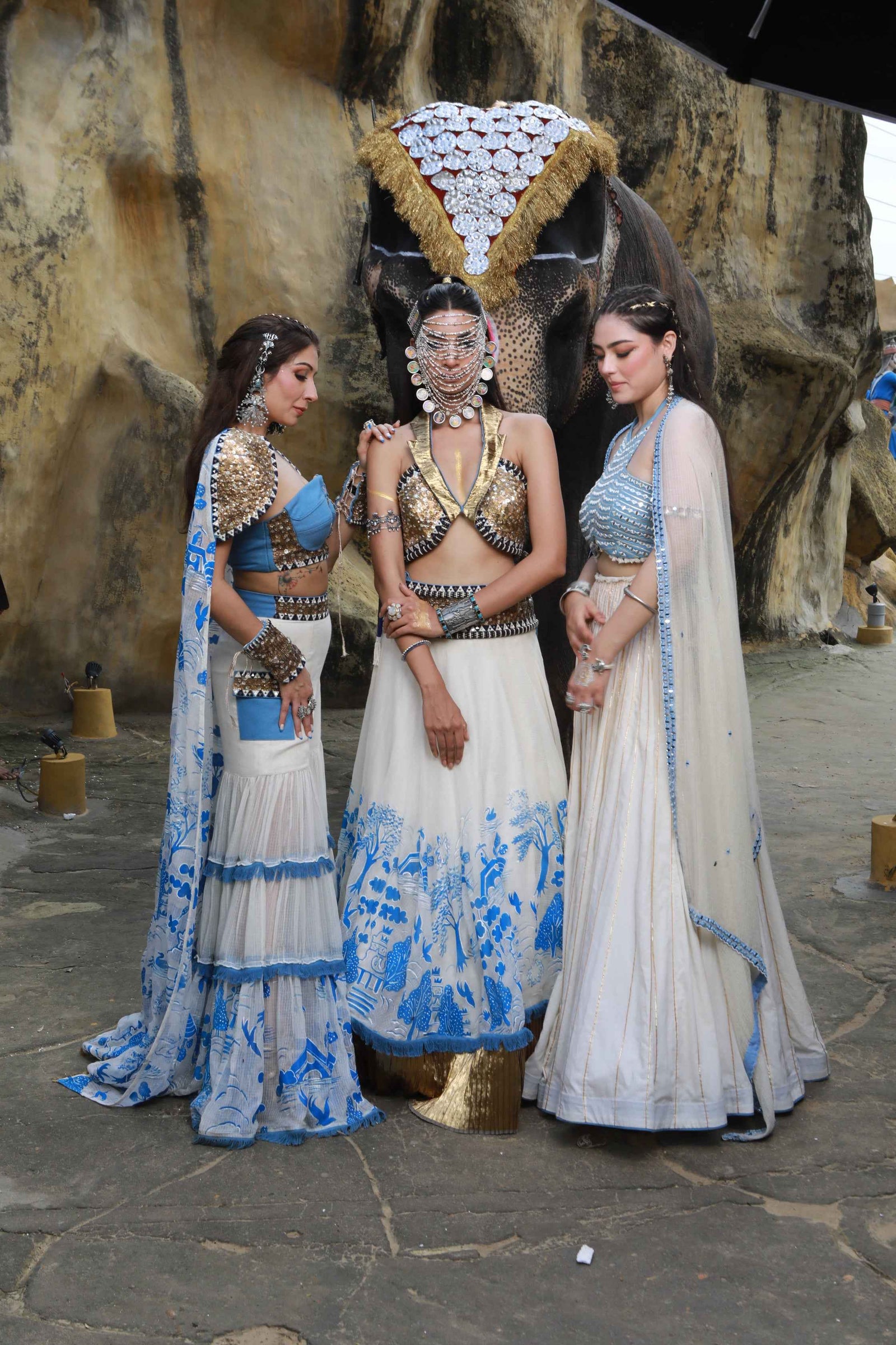 Vory Kota Doria Hand Painted Sharara With Denim Embellished Bustier With Ivory Hand Painted Embellished  Cape