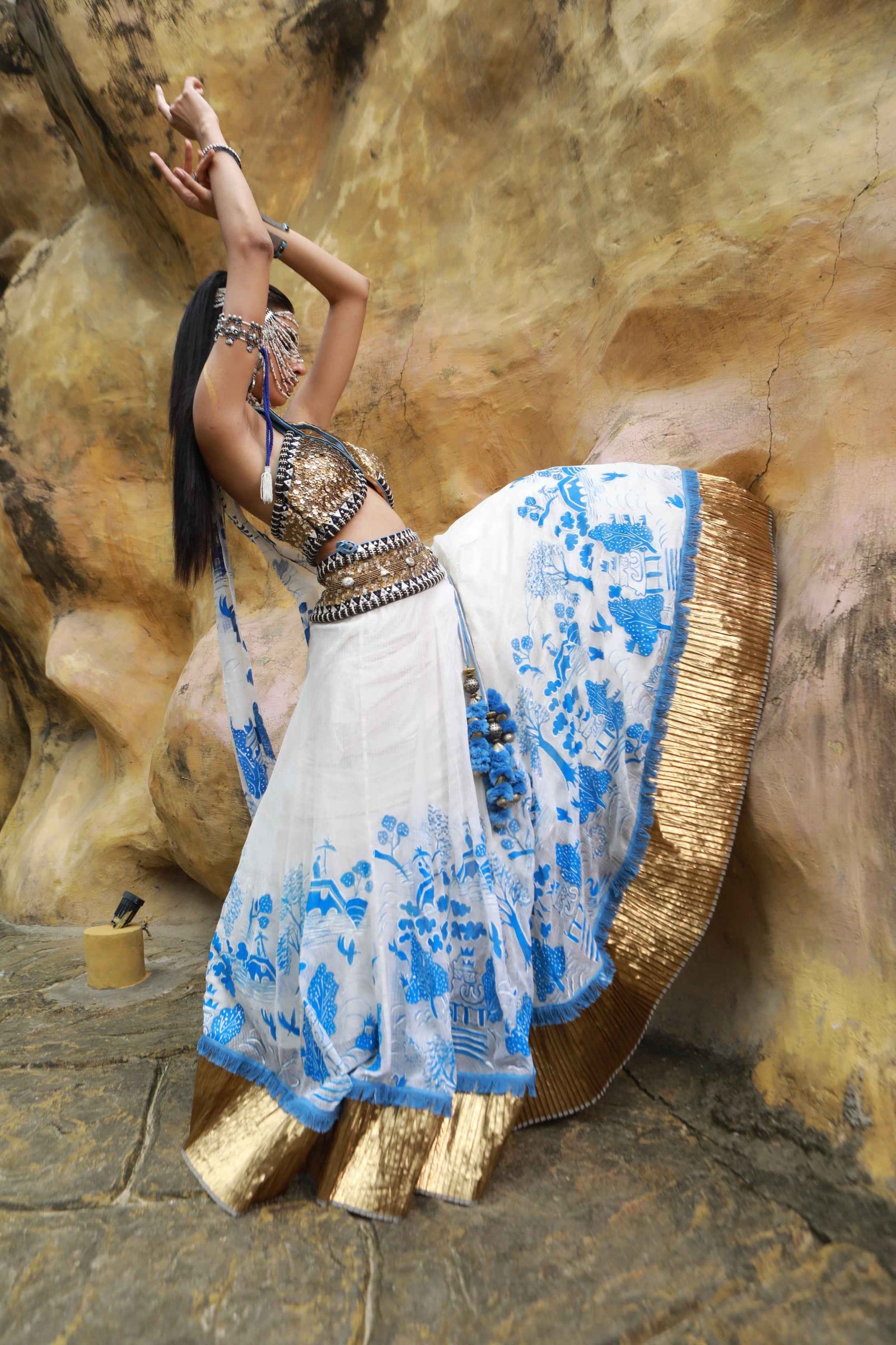 Ivory Kota Doria Hand Painted Lehanga With Embellished Collared Blouse