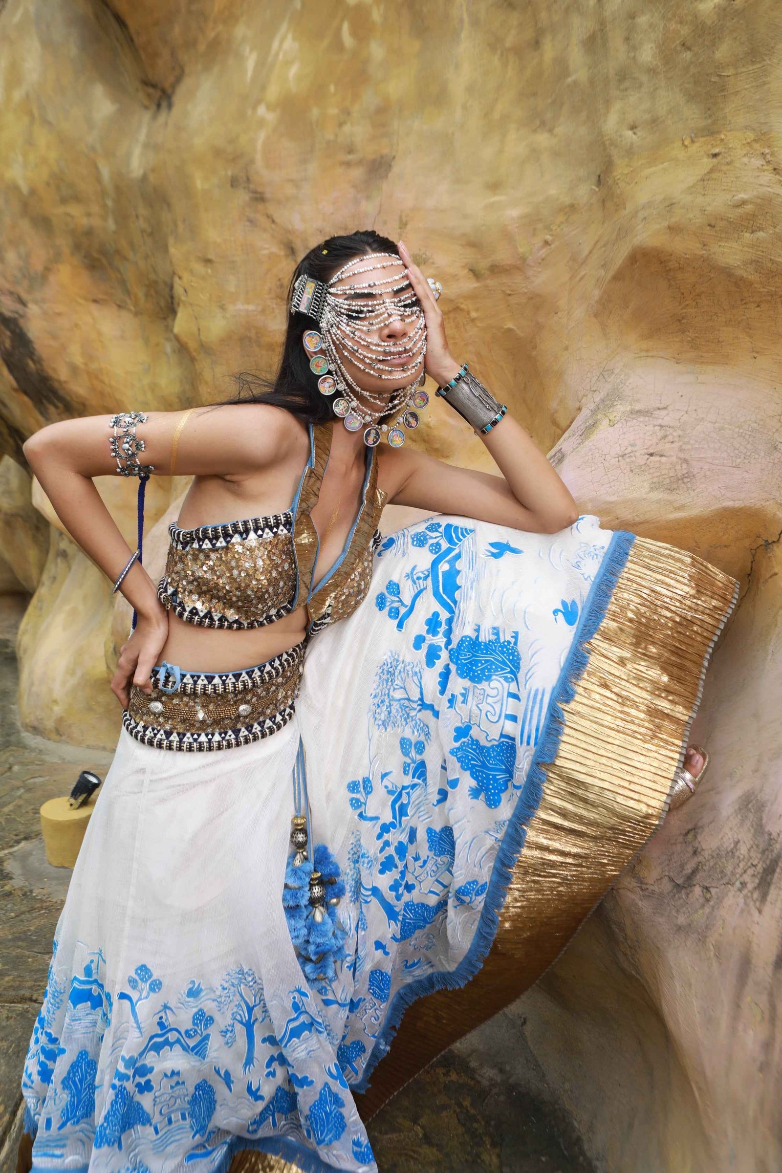 Ivory Kota Doria Hand Painted Lehanga With Embellished Collared Blouse