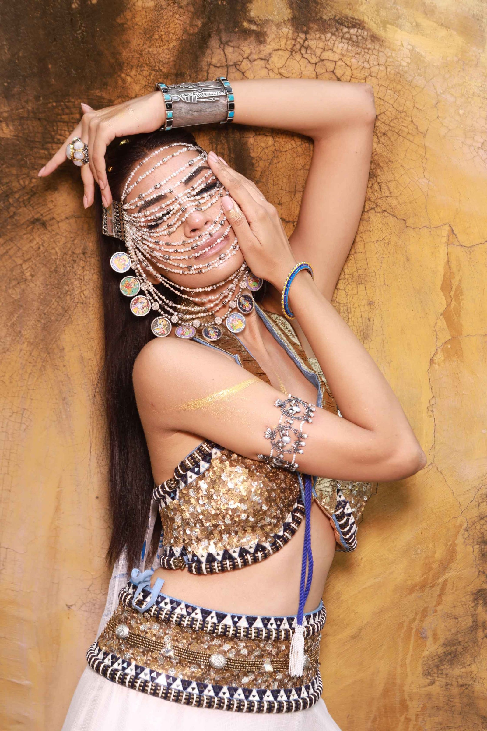 Ivory Kota Doria Hand Painted Lehanga With Embellished Collared Blouse