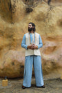Devi Drape Mens Khadi Jacket With Sheer Shirt And Denim Wide Leg Pants