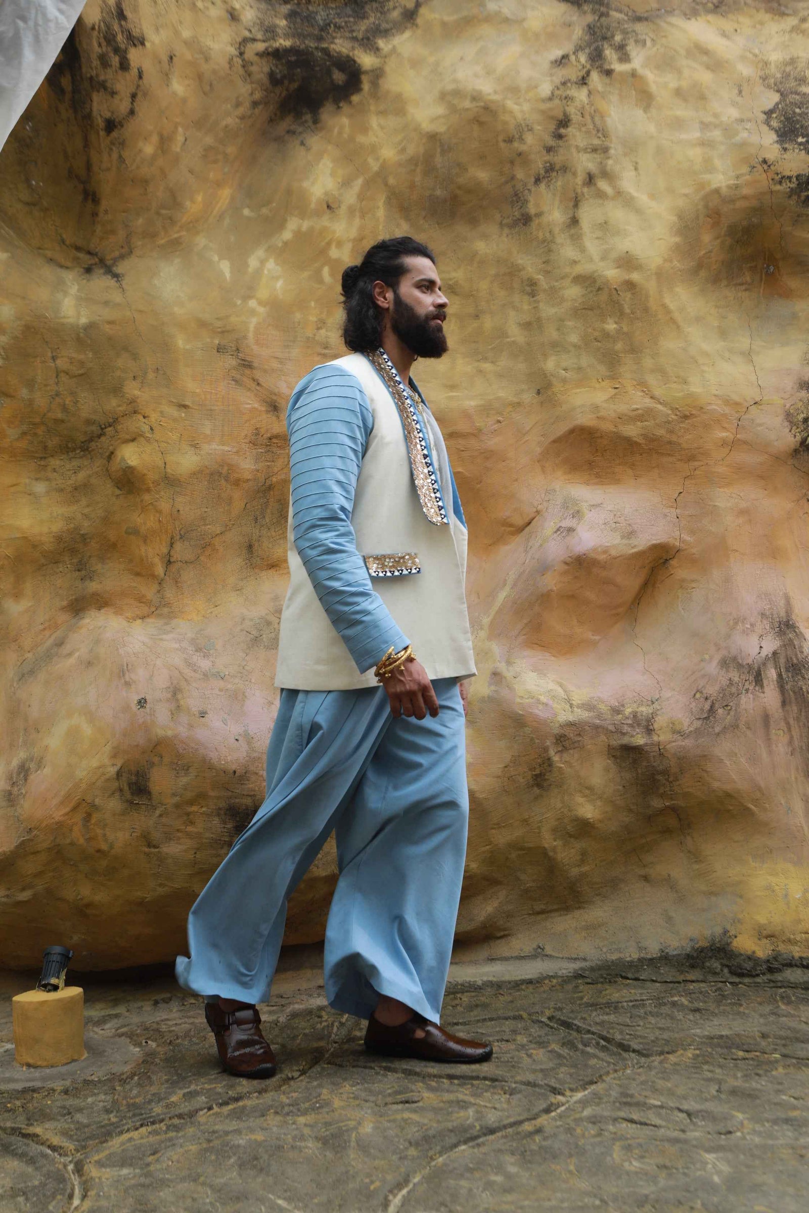 Devi Drape Mens Khadi Jacket With Sheer Shirt And Denim Wide Leg Pants