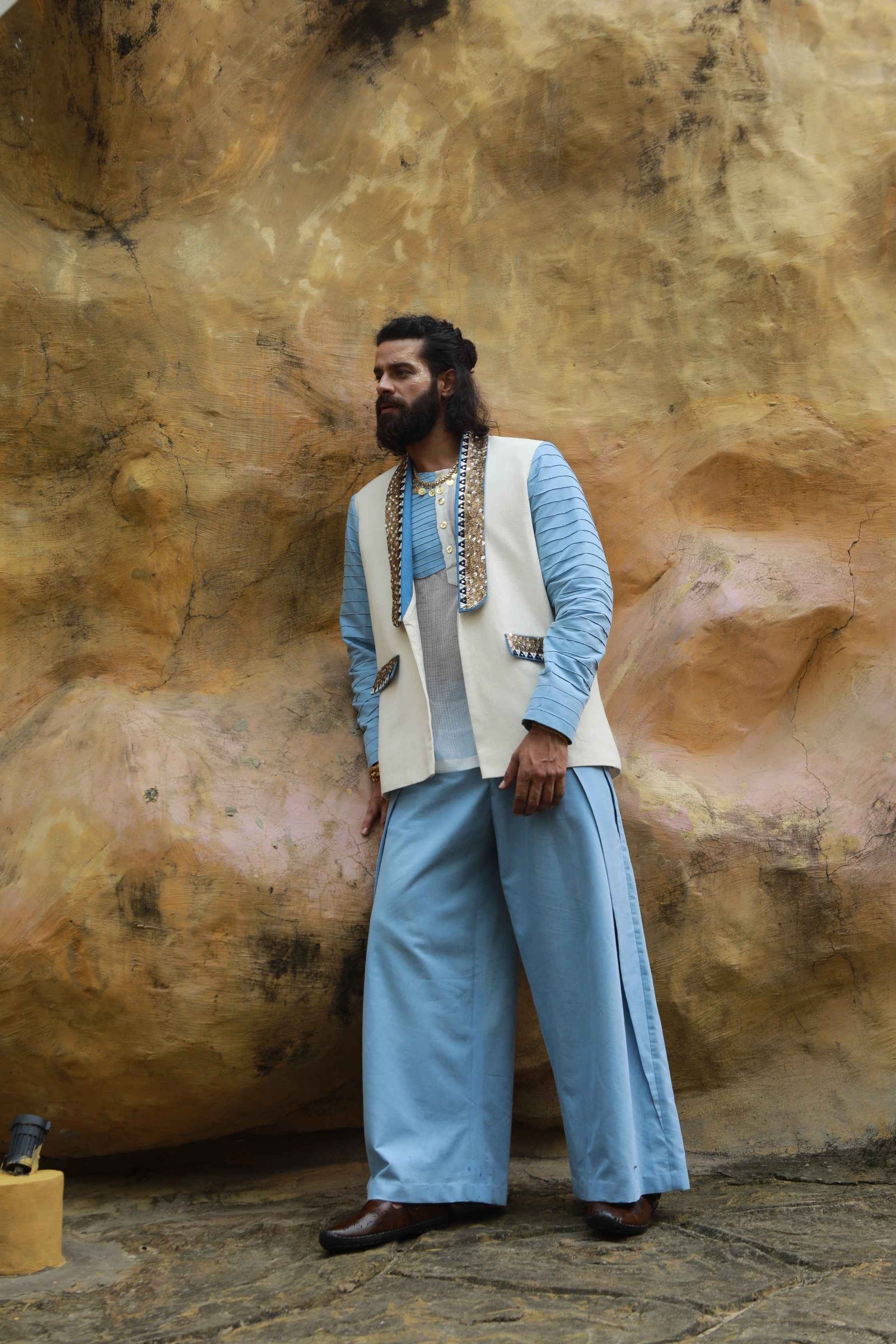 Devi Drape Mens Khadi Jacket With Sheer Shirt And Denim Wide Leg Pants