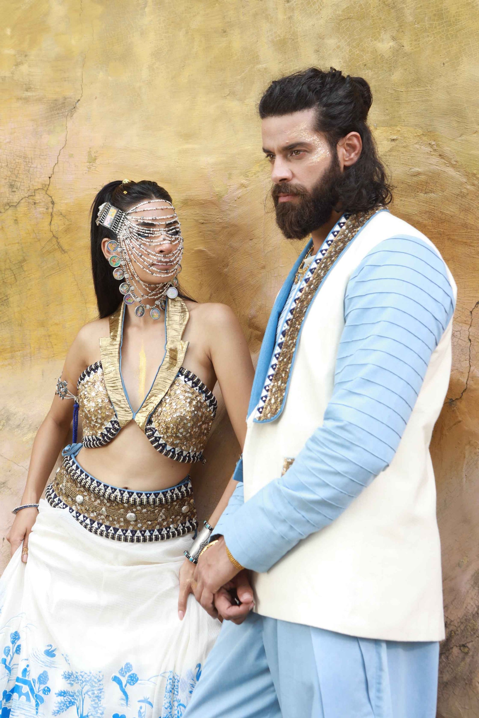 Devi Drape Mens Khadi Jacket With Sheer Shirt And Denim Wide Leg Pants