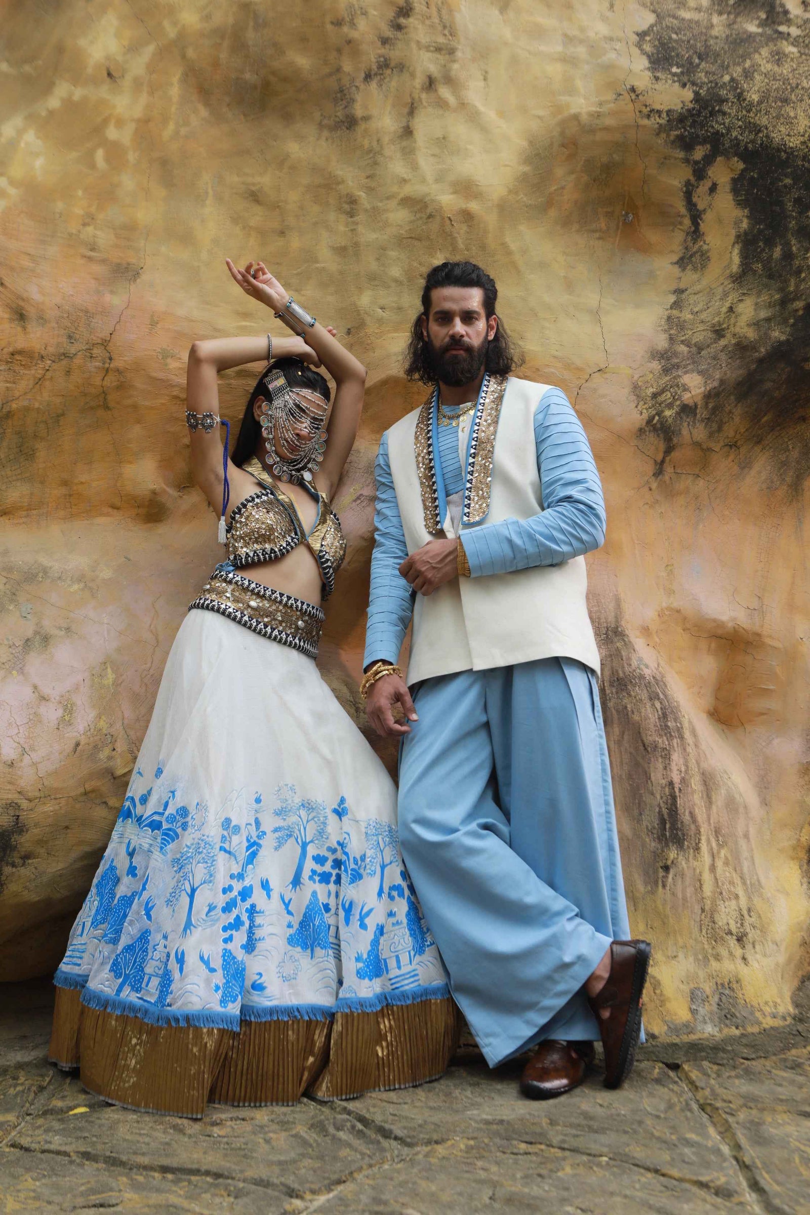 Devi Drape Mens Khadi Jacket With Sheer Shirt And Denim Wide Leg Pants