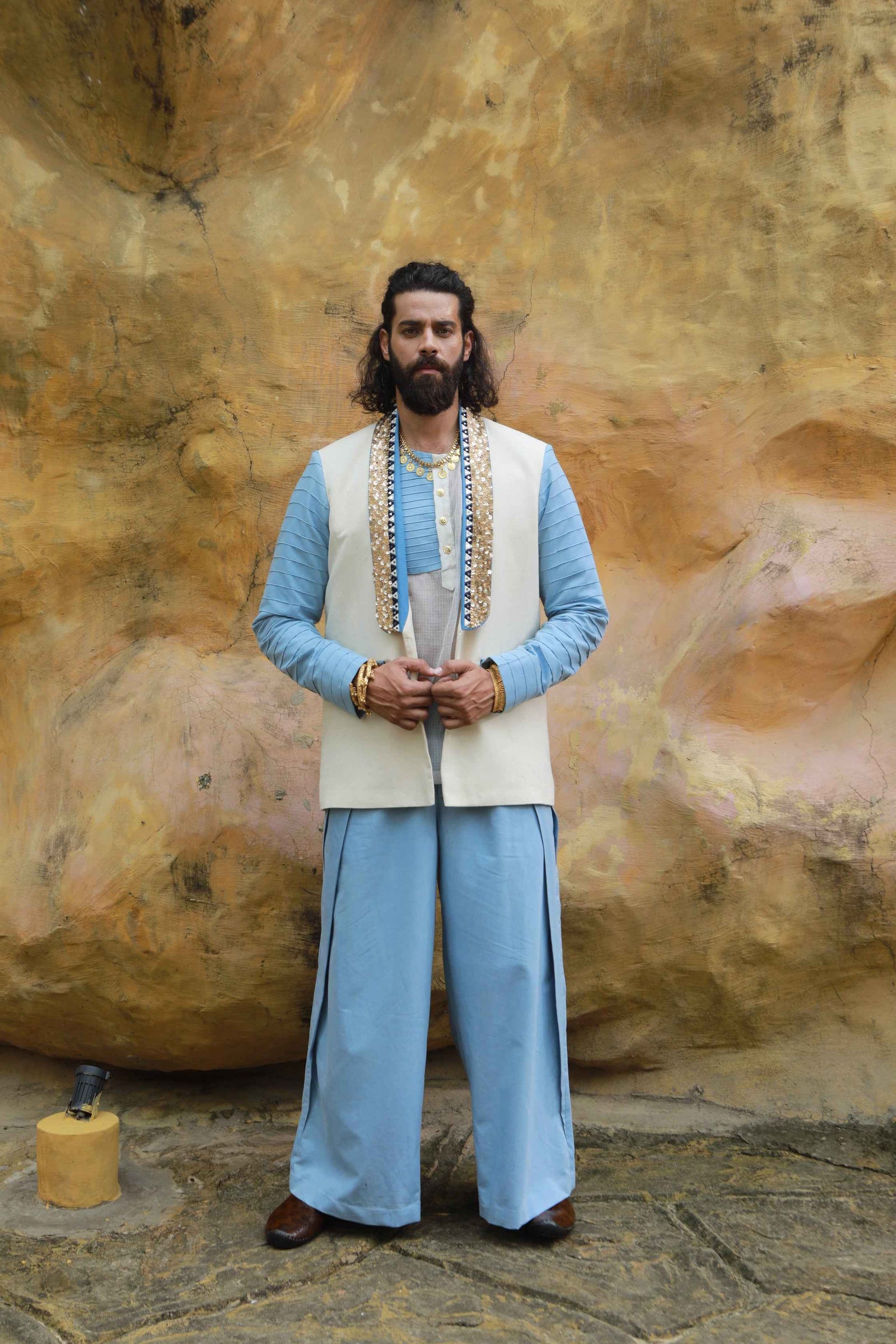 Devi Drape Mens Khadi Jacket With Sheer Shirt And Denim Wide Leg Pants