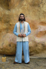 Devi Drape Mens Khadi Jacket With Sheer Shirt And Denim Wide Leg Pants