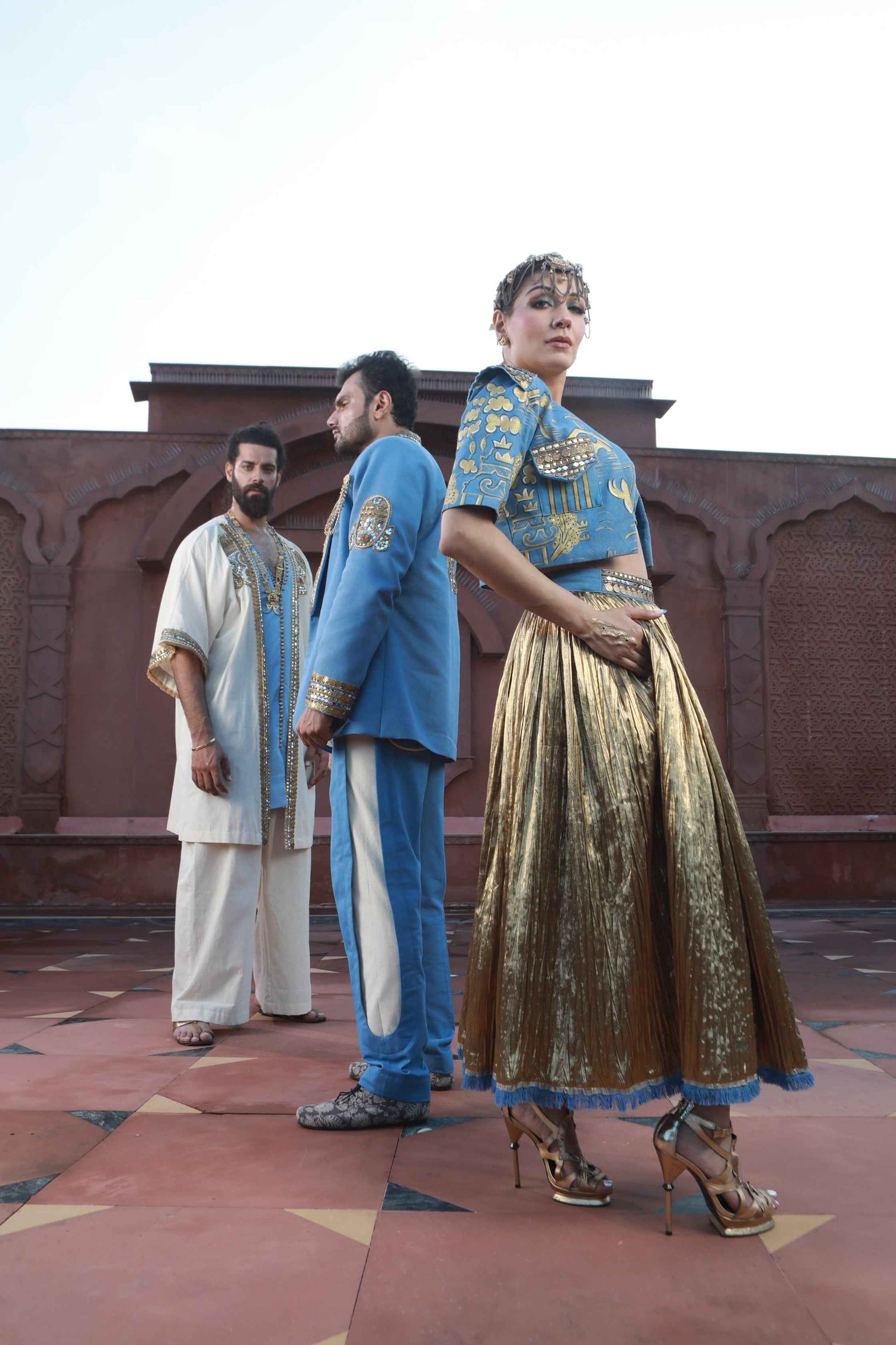 Devi Drape Khadi Kimono Kaftaan With Thin Denim And Khadi Pants