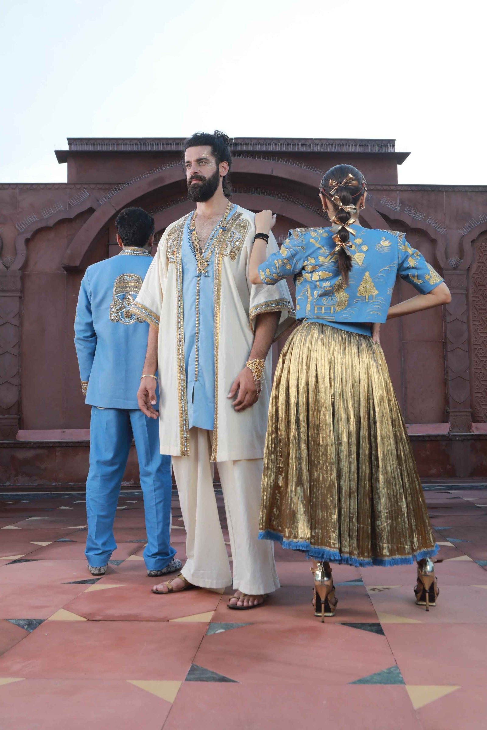 Devi Drape Khadi Kimono Kaftaan With Thin Denim And Khadi Pants