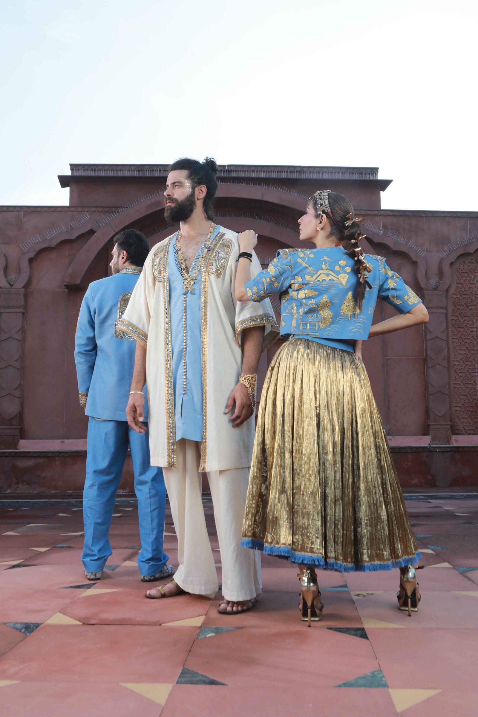 Devi Drape Khadi Kimono Kaftaan With Thin Denim And Khadi Pants