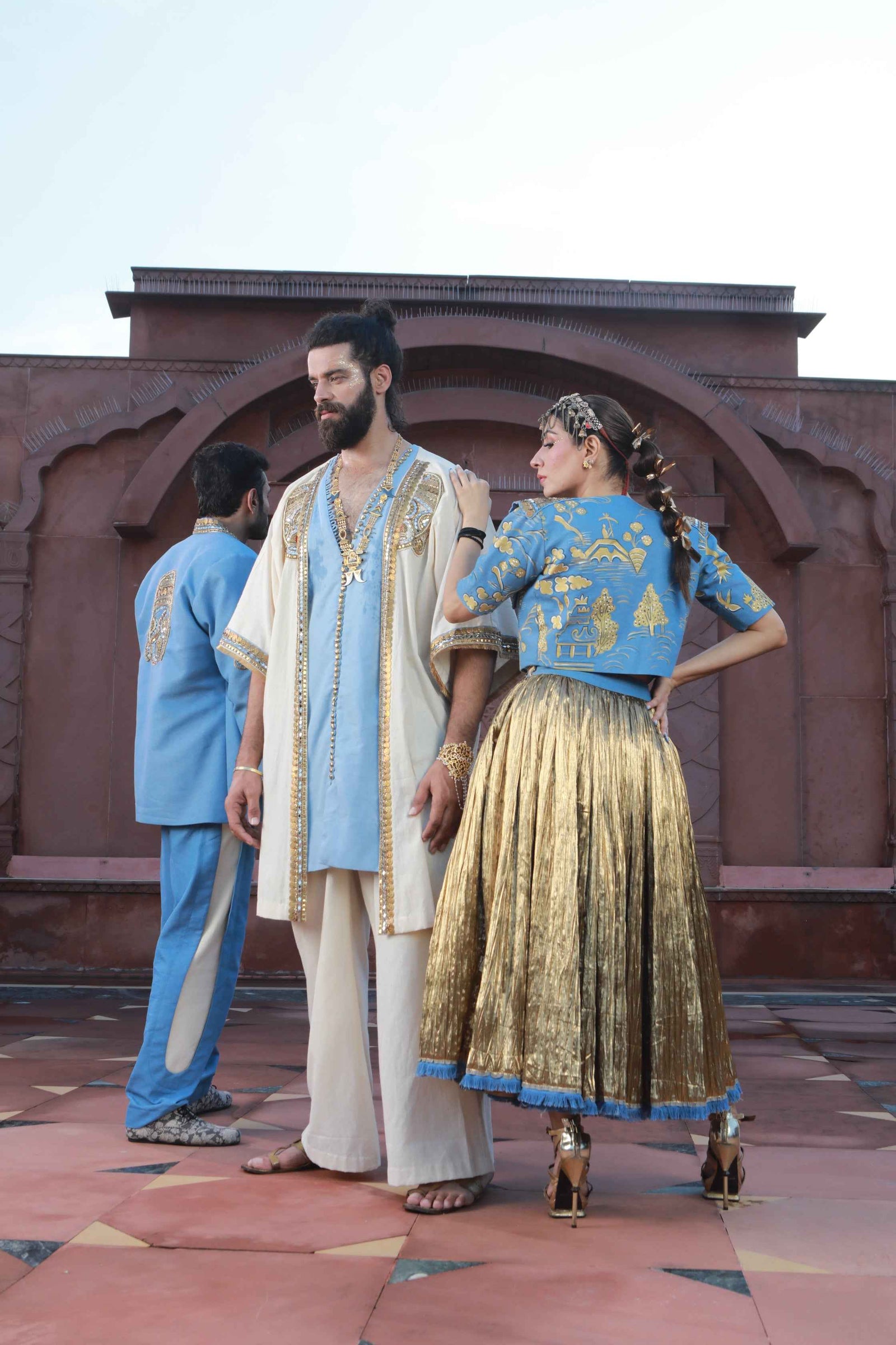 Devi Drape Khadi Kimono Kaftaan With Thin Denim And Khadi Pants