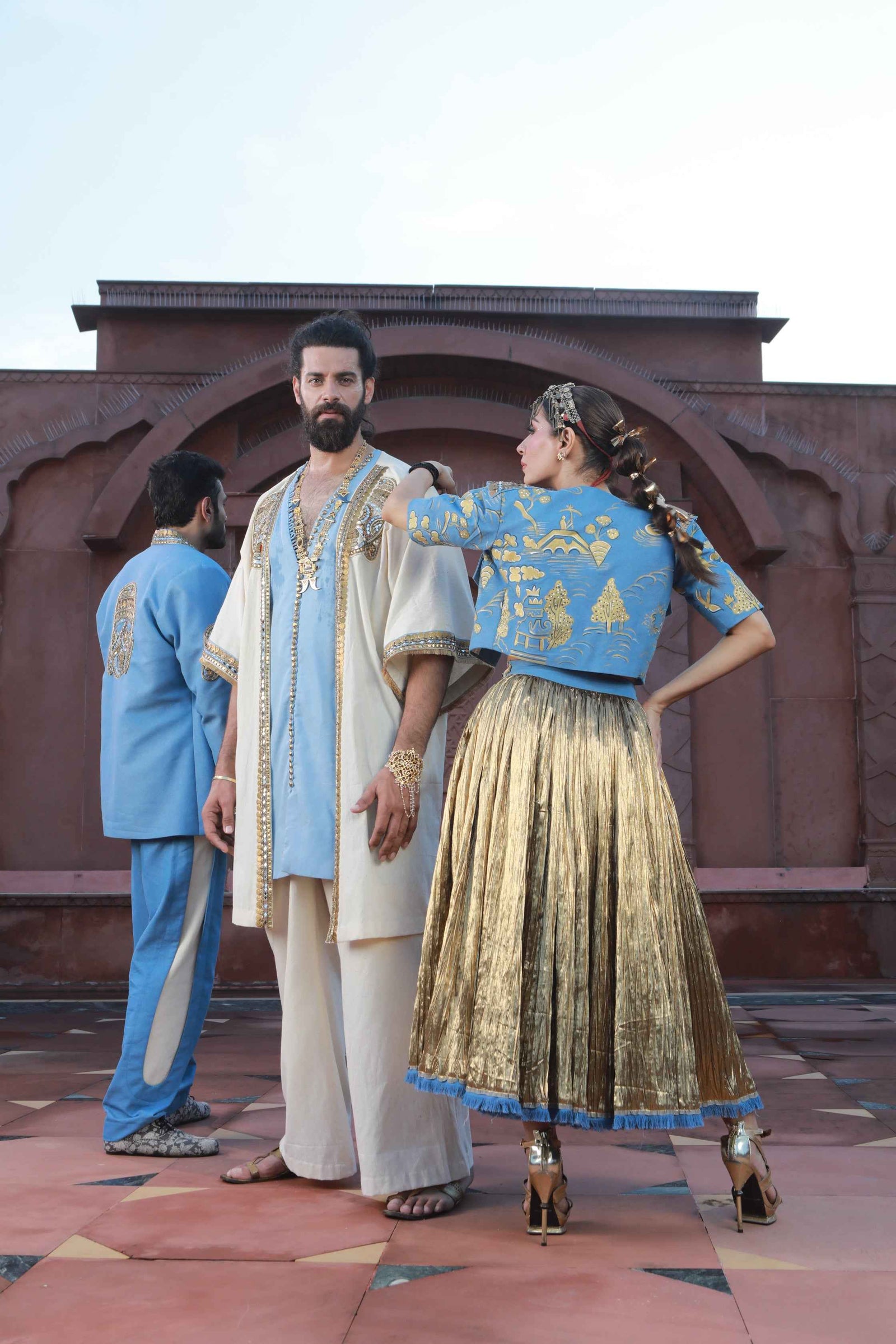 Devi Drape Khadi Kimono Kaftaan With Thin Denim And Khadi Pants