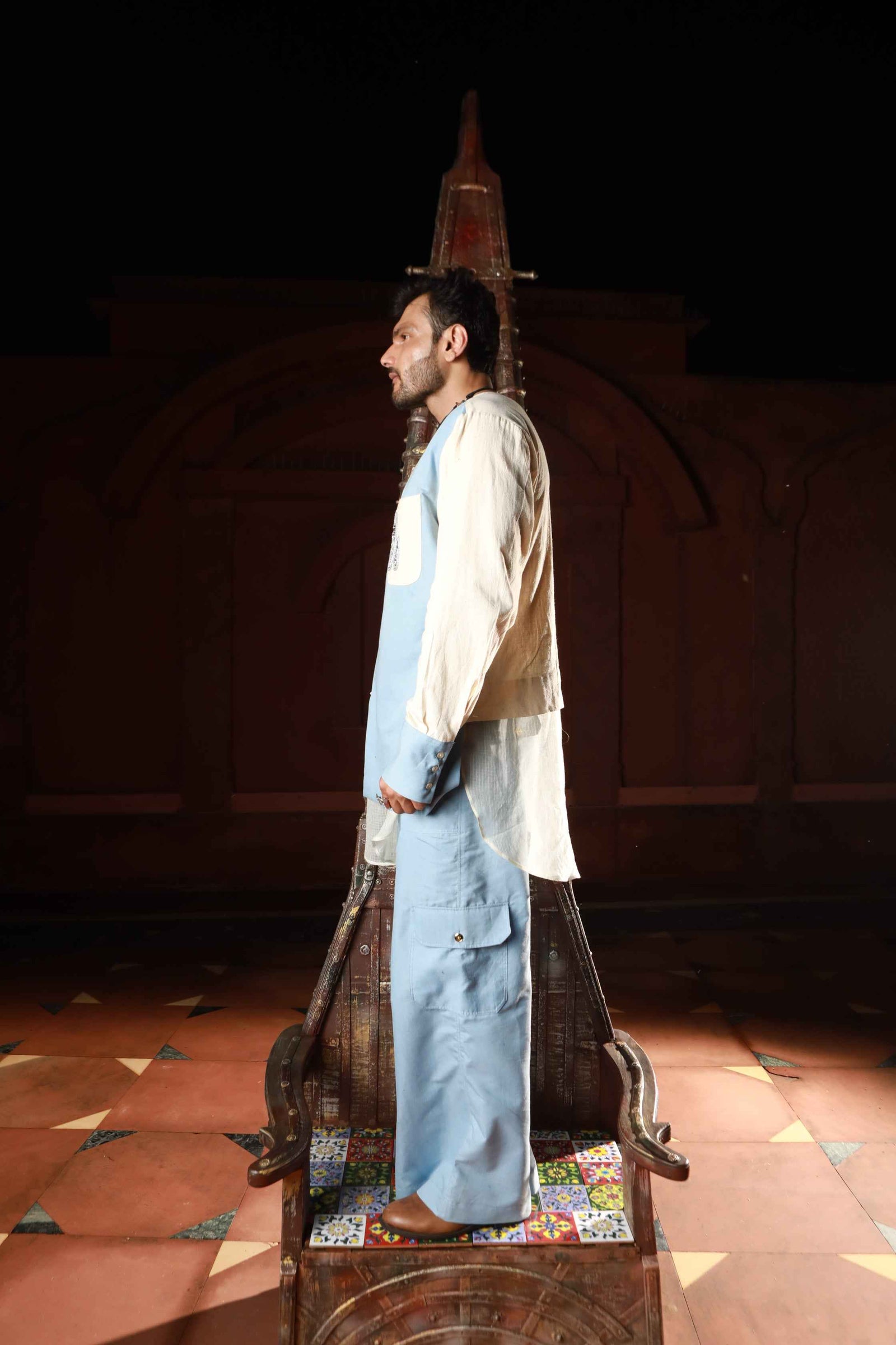 Devi Drape Khadi And Denim Panelled Kurta With Denim Pants