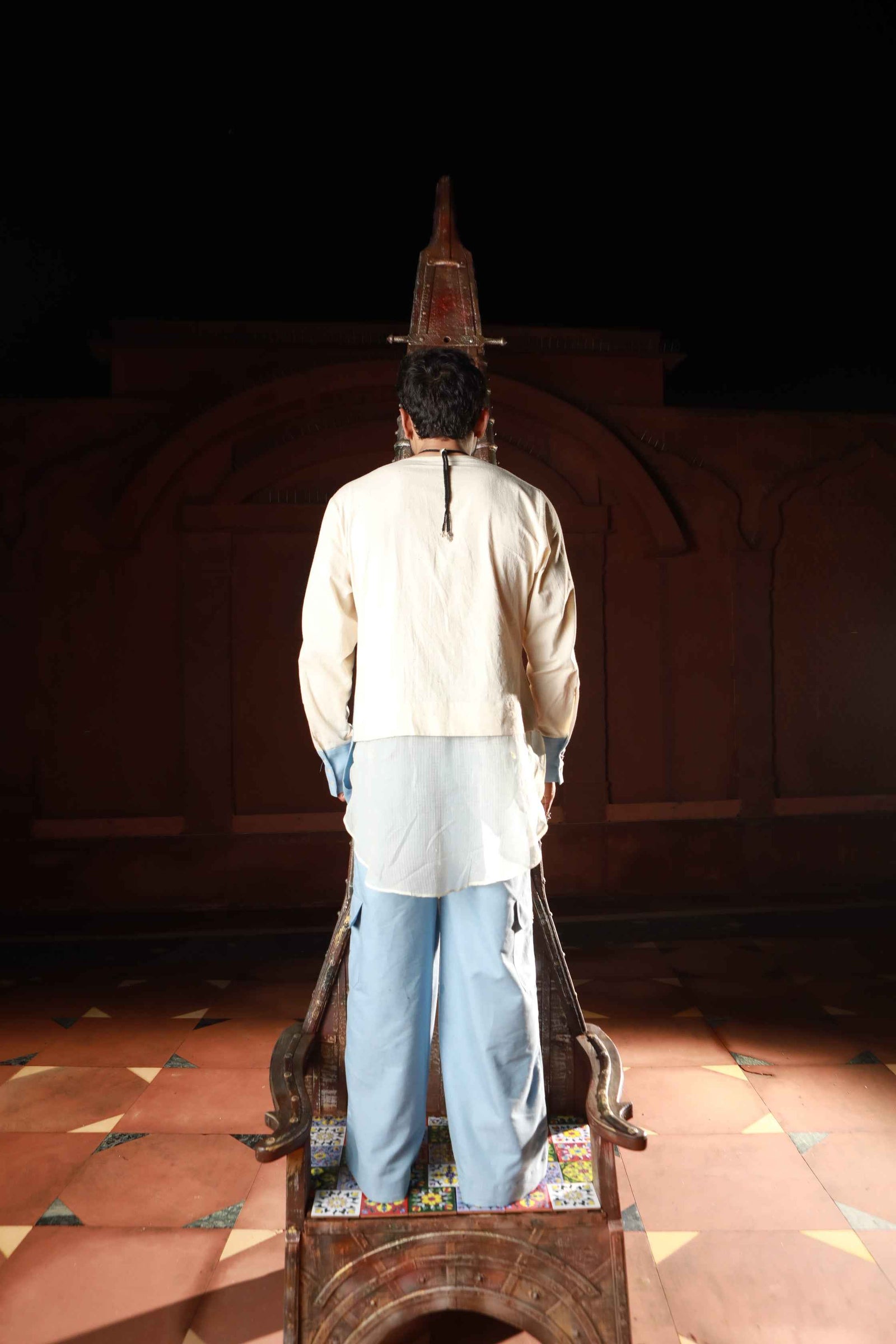 Devi Drape Khadi And Denim Panelled Kurta With Denim Pants