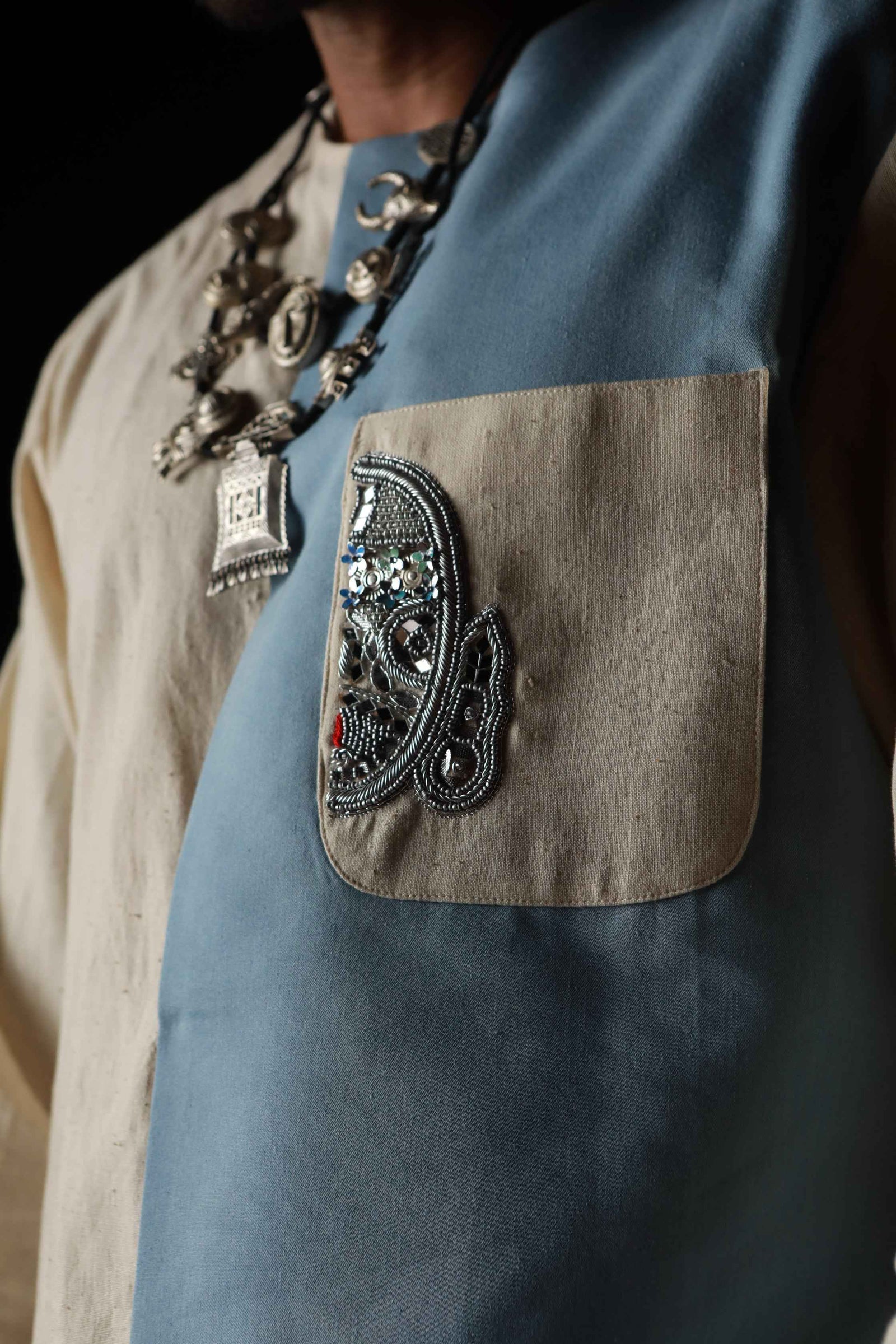 Devi Drape Khadi And Denim Panelled Kurta With Denim Pants