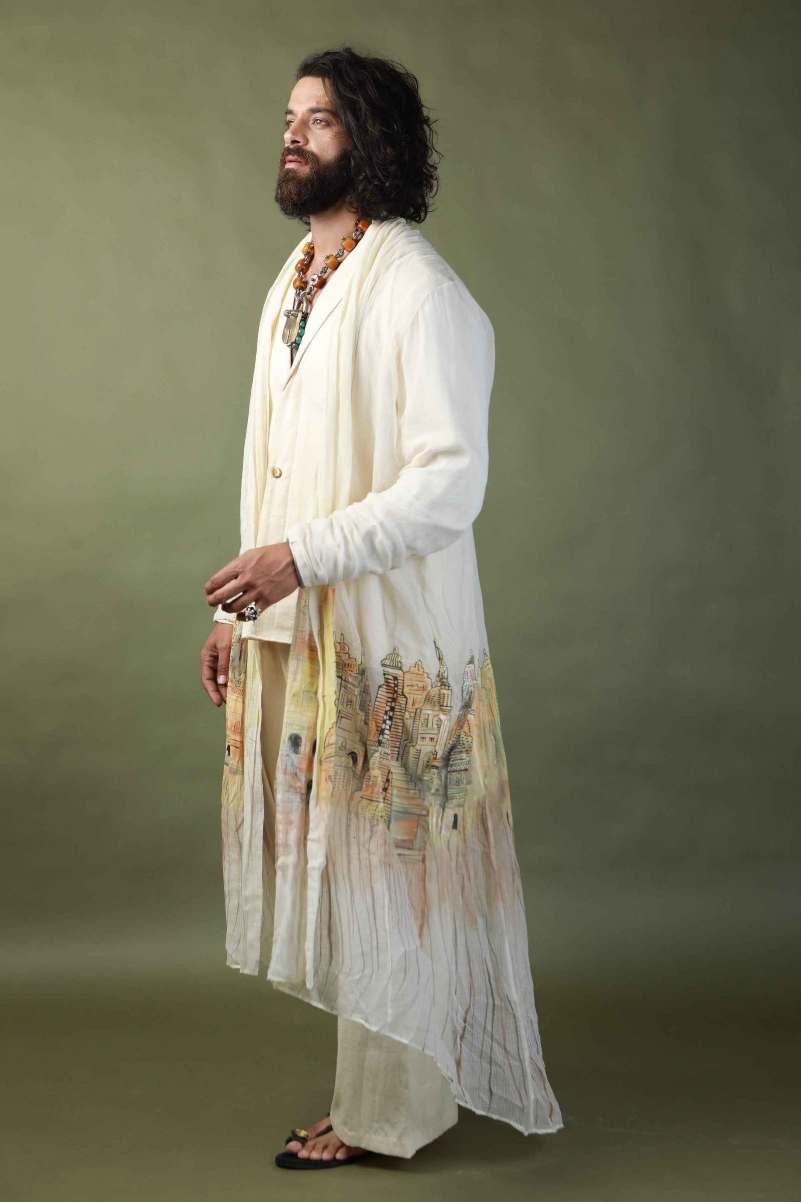 Devi Drape Mens Kota Doria Hand Painted Shrug With Khadi Short Kurta And Pants
