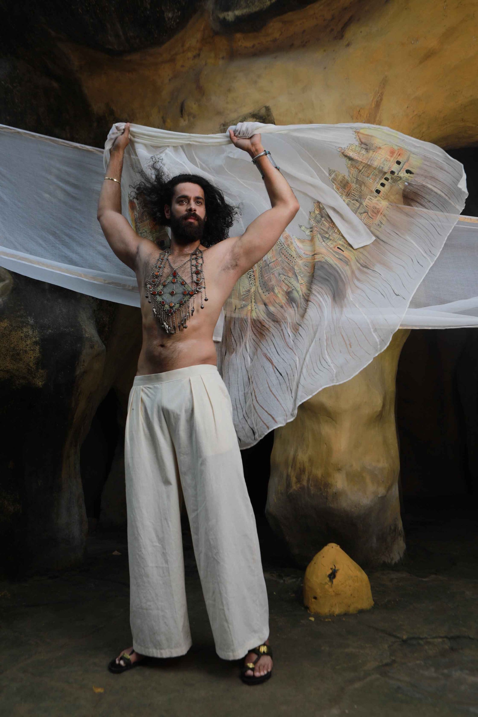 Devi Drape Mens Kota Doria Hand Painted Shrug With Khadi Short Kurta And Pants