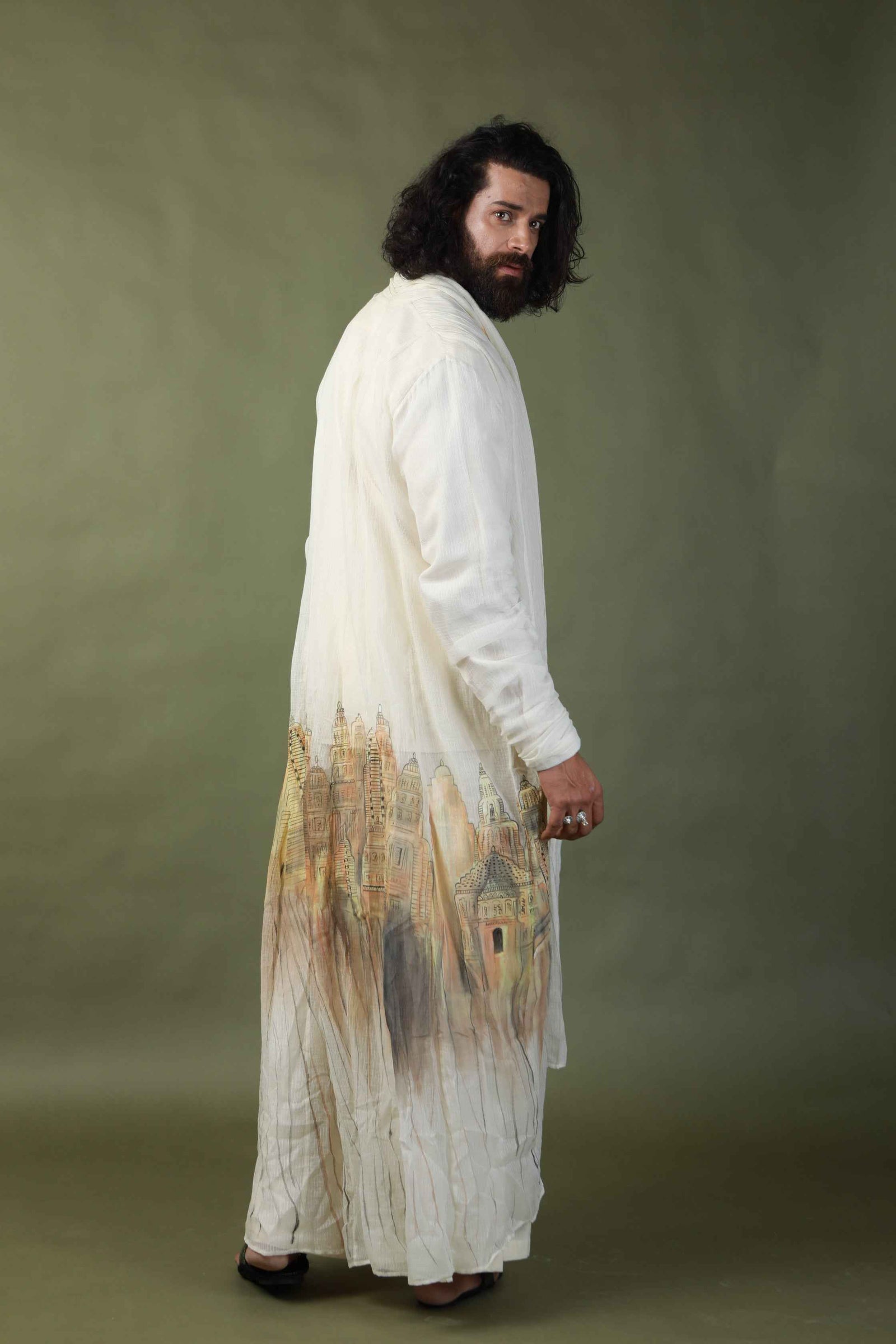 Devi Drape Mens Kota Doria Hand Painted Shrug With Khadi Short Kurta And Pants