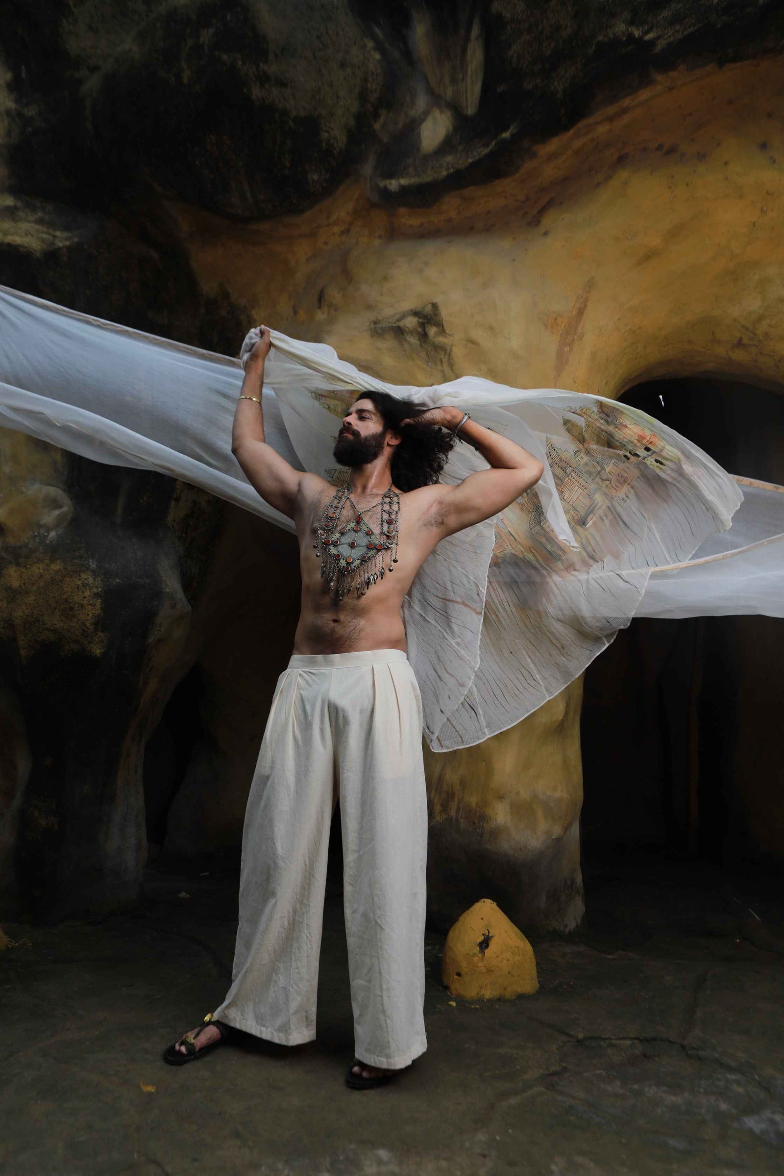 Devi Drape Mens Kota Doria Hand Painted Shrug With Khadi Short Kurta And Pants