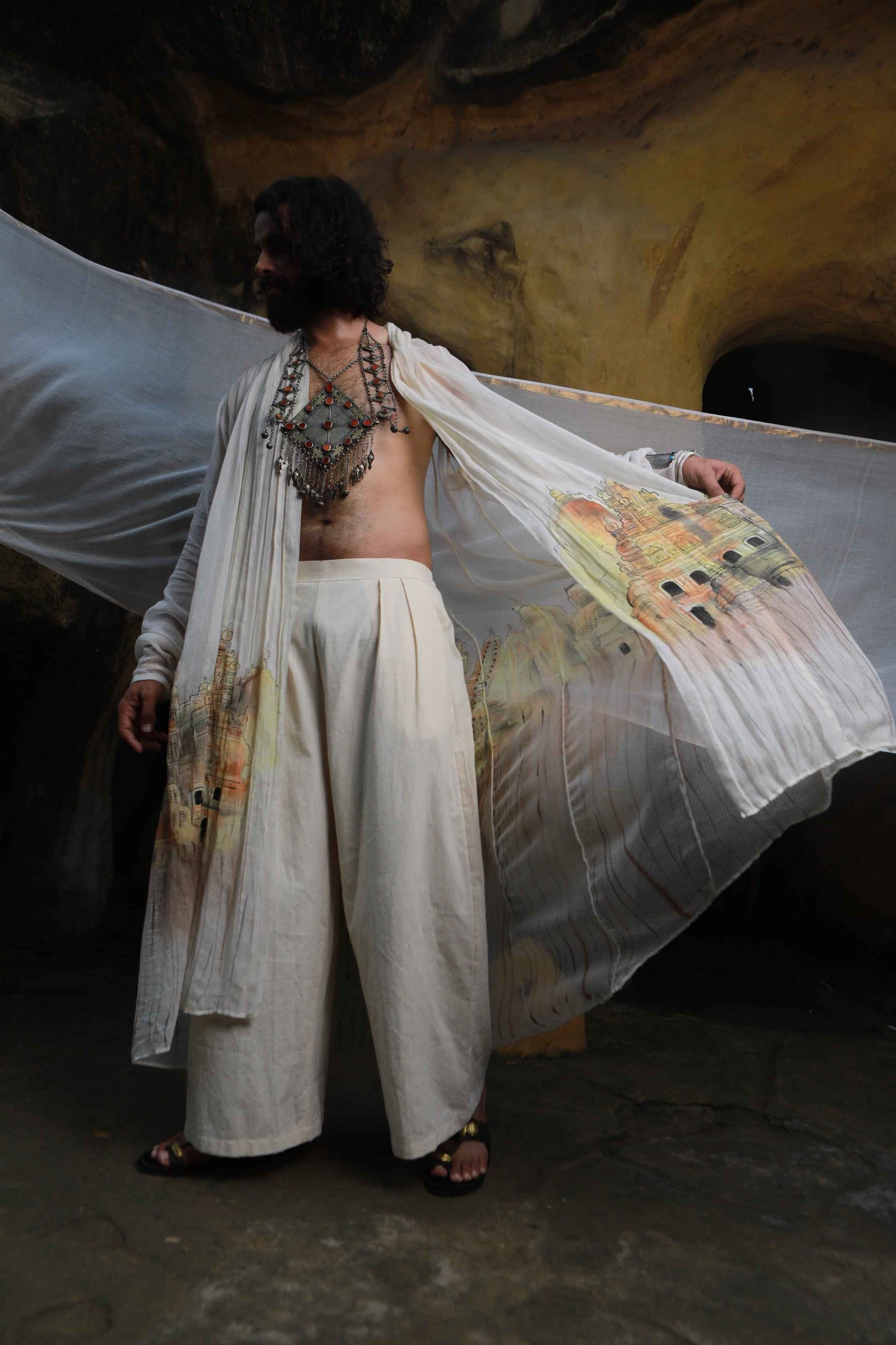 Devi Drape Mens Kota Doria Hand Painted Shrug With Khadi Short Kurta And Pants
