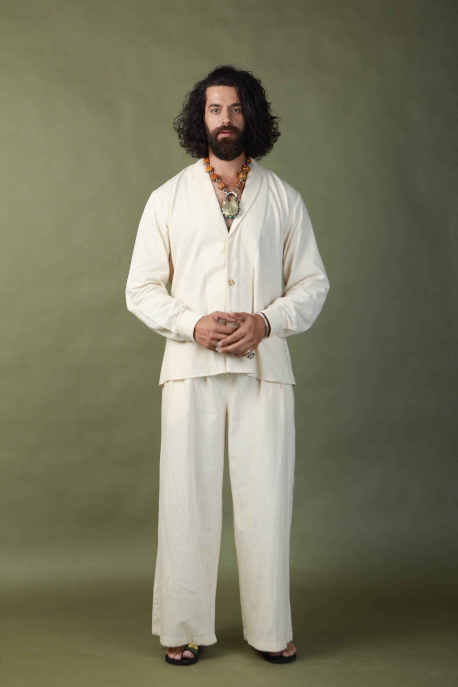 Devi Drape Mens Kota Doria Hand Painted Shrug With Khadi Short Kurta And Pants