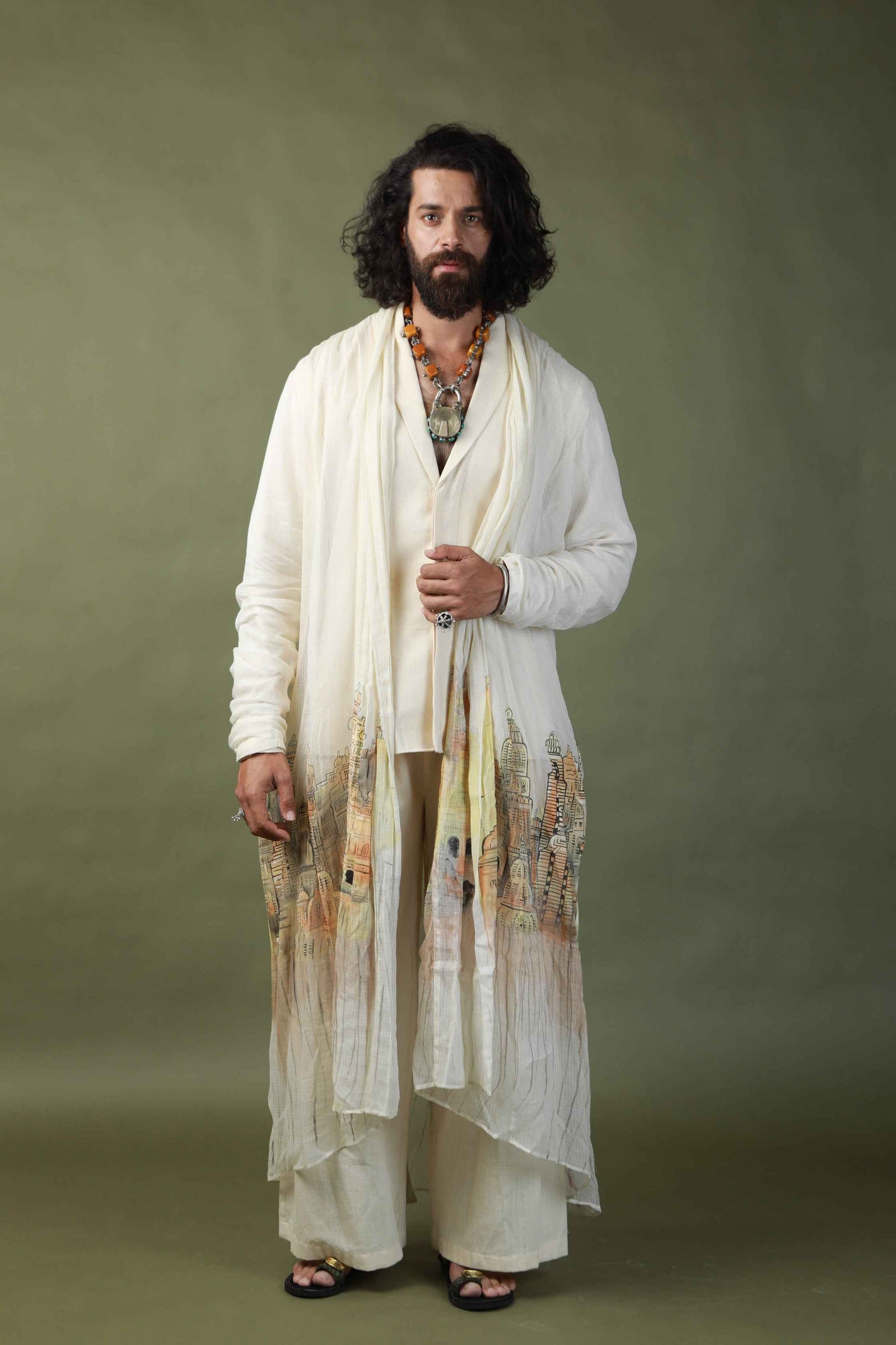 Devi Drape Mens Kota Doria Hand Painted Shrug With Khadi Short Kurta And Pants