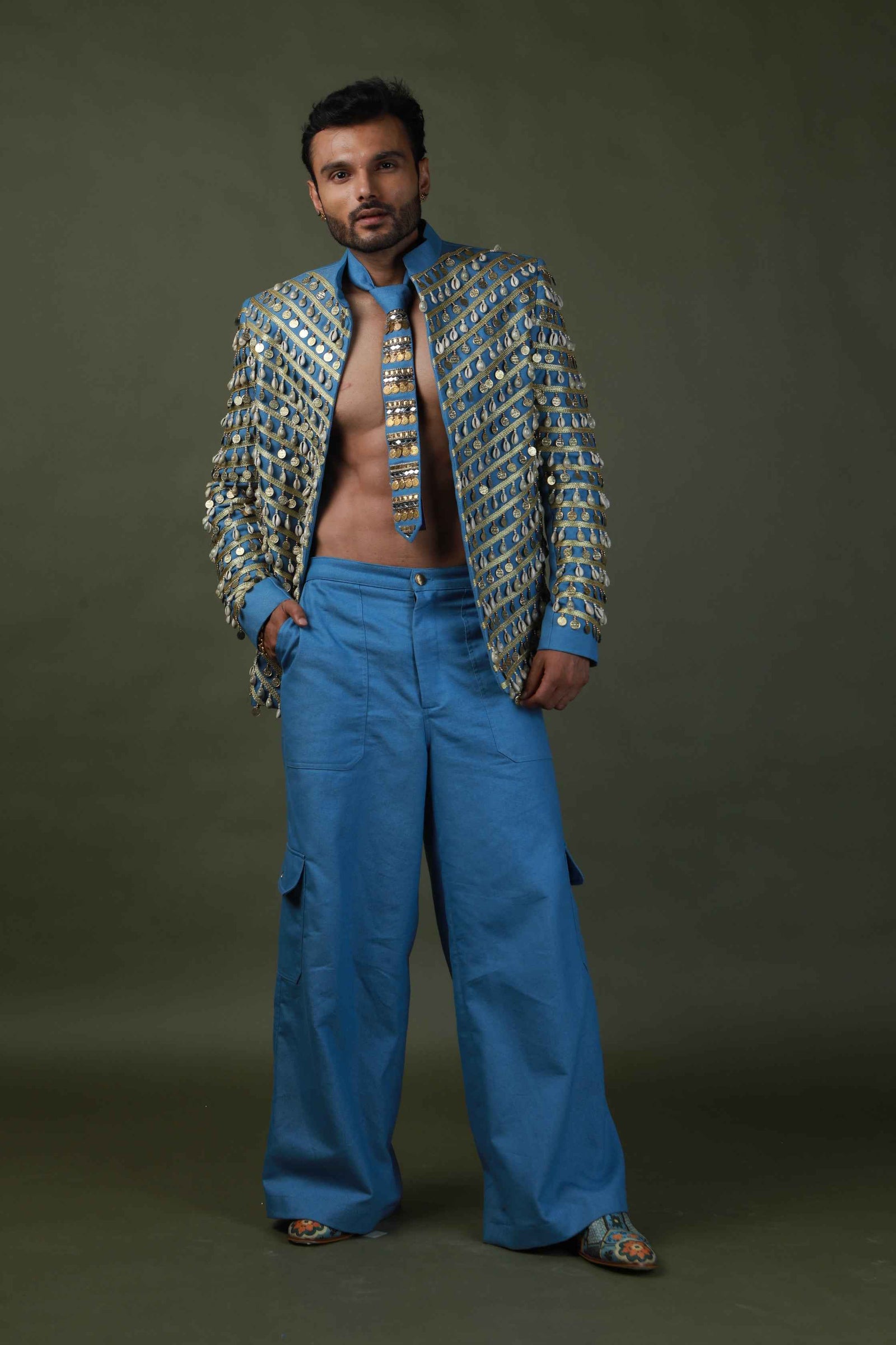 Devi Drape Denim Blazer  Embellished With  Coin And Kodi And Embellished Tie With Denim Cargo Pants