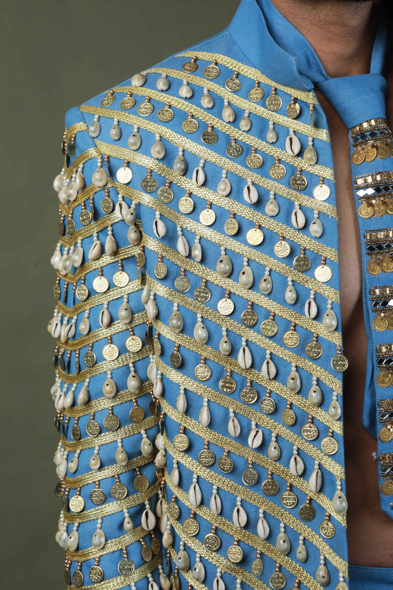 Devi Drape Denim Blazer  Embellished With  Coin And Kodi And Embellished Tie With Denim Cargo Pants