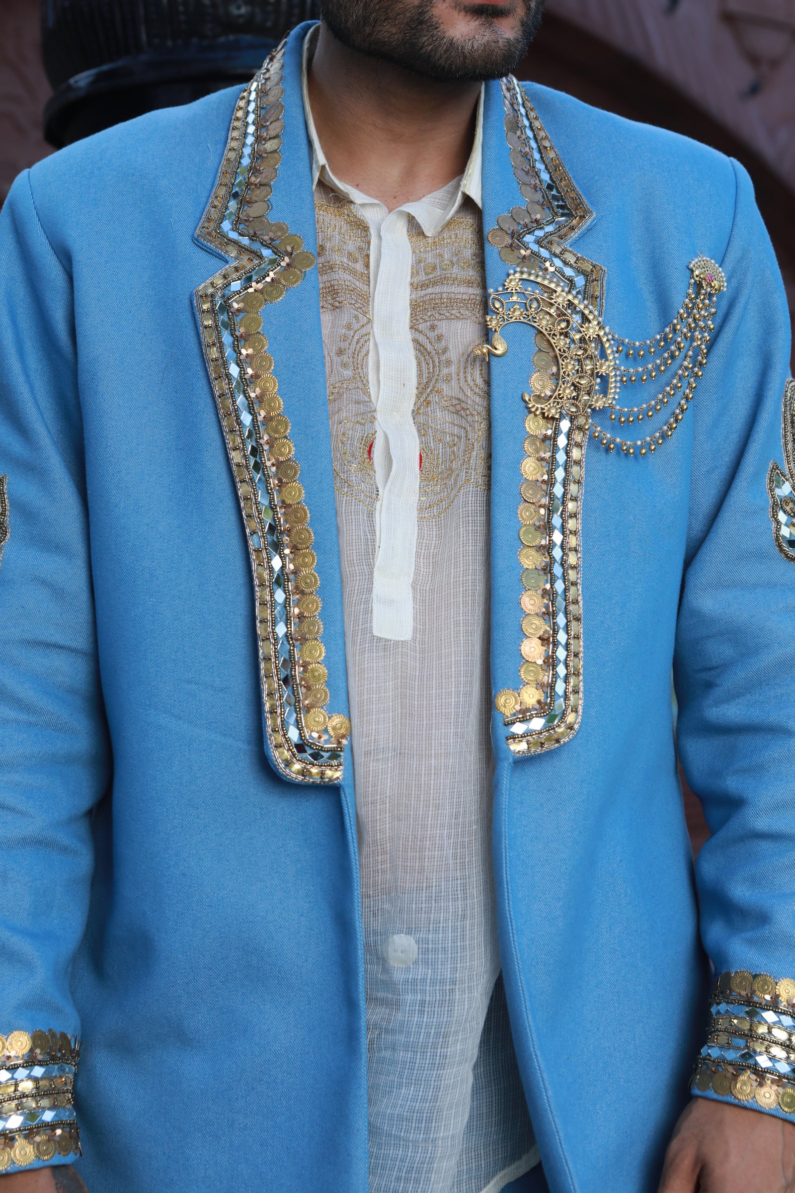 Devi Drape Denim Blazer And Kota Doria Shirt And Denim Pants