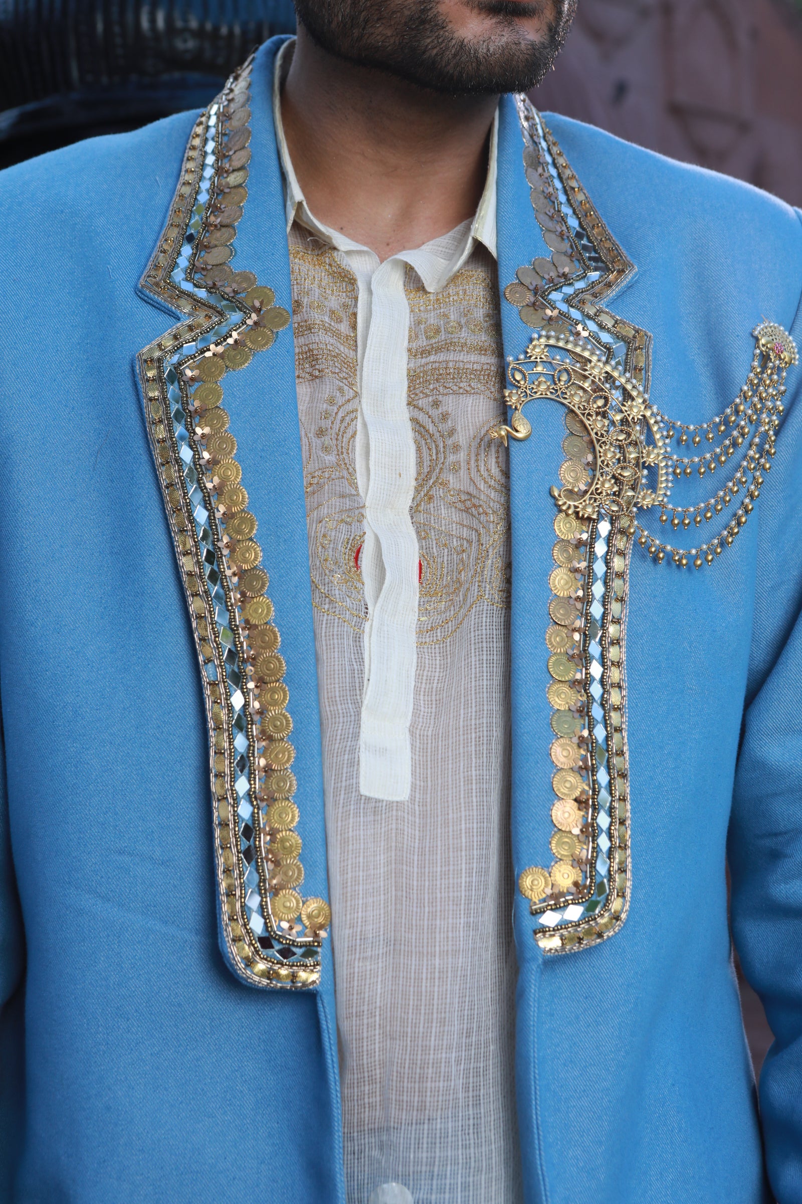 Devi Drape Denim Blazer And Kota Doria Shirt And Denim Pants