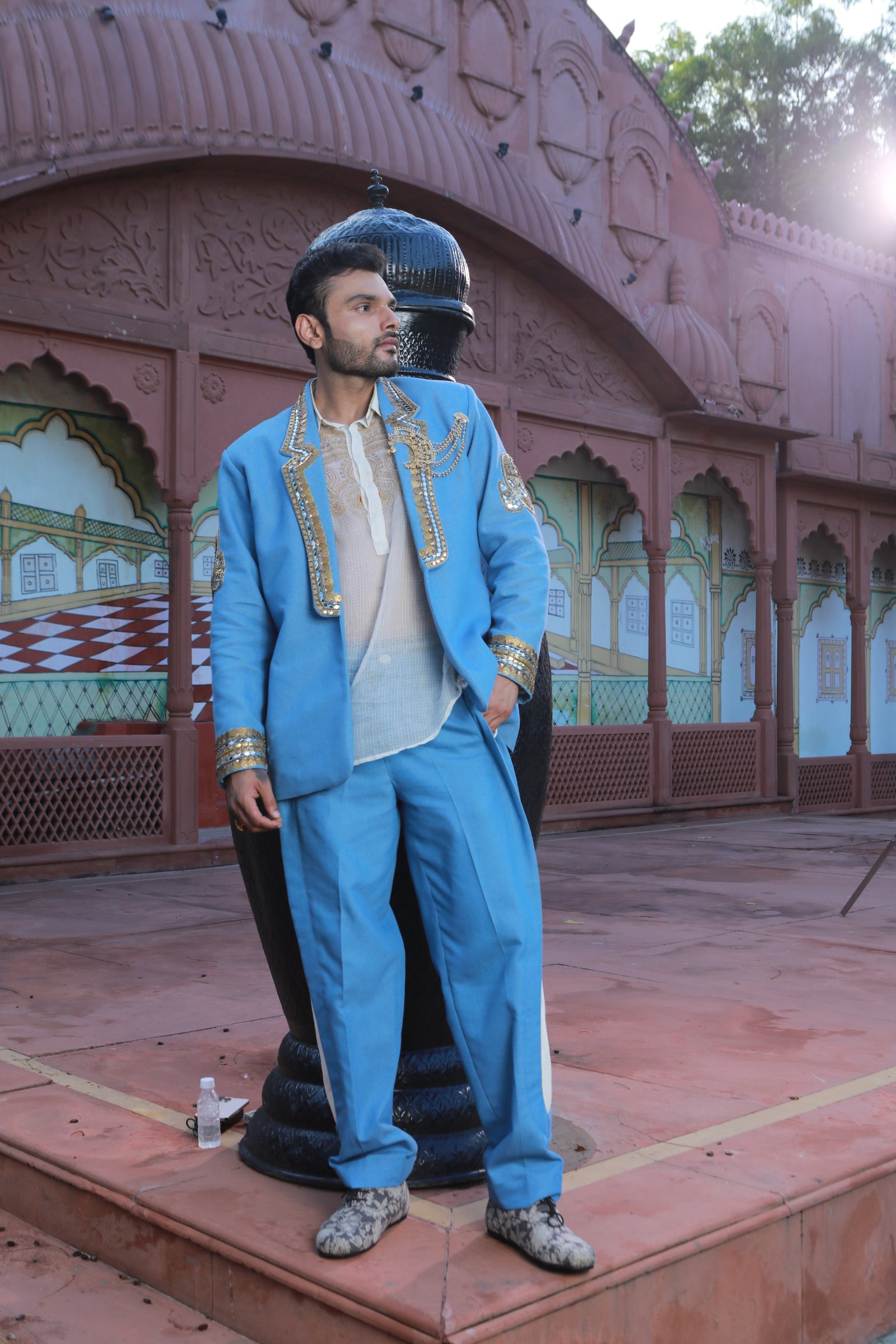 Devi Drape Denim Blazer And Kota Doria Shirt And Denim Pants