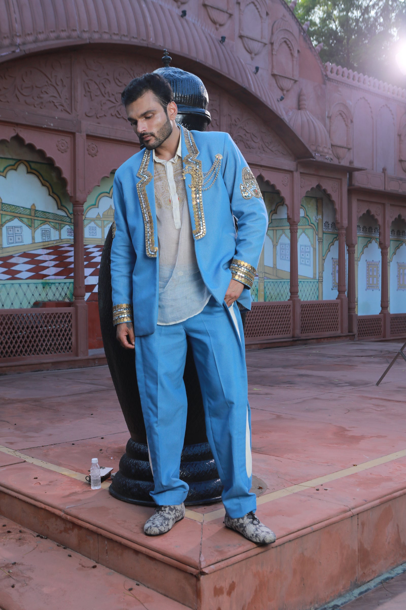 Devi Drape Denim Blazer And Kota Doria Shirt And Denim Pants