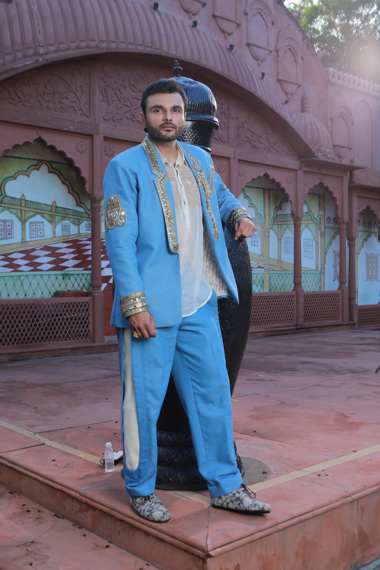 Devi Drape Denim Blazer And Kota Doria Shirt And Denim Pants