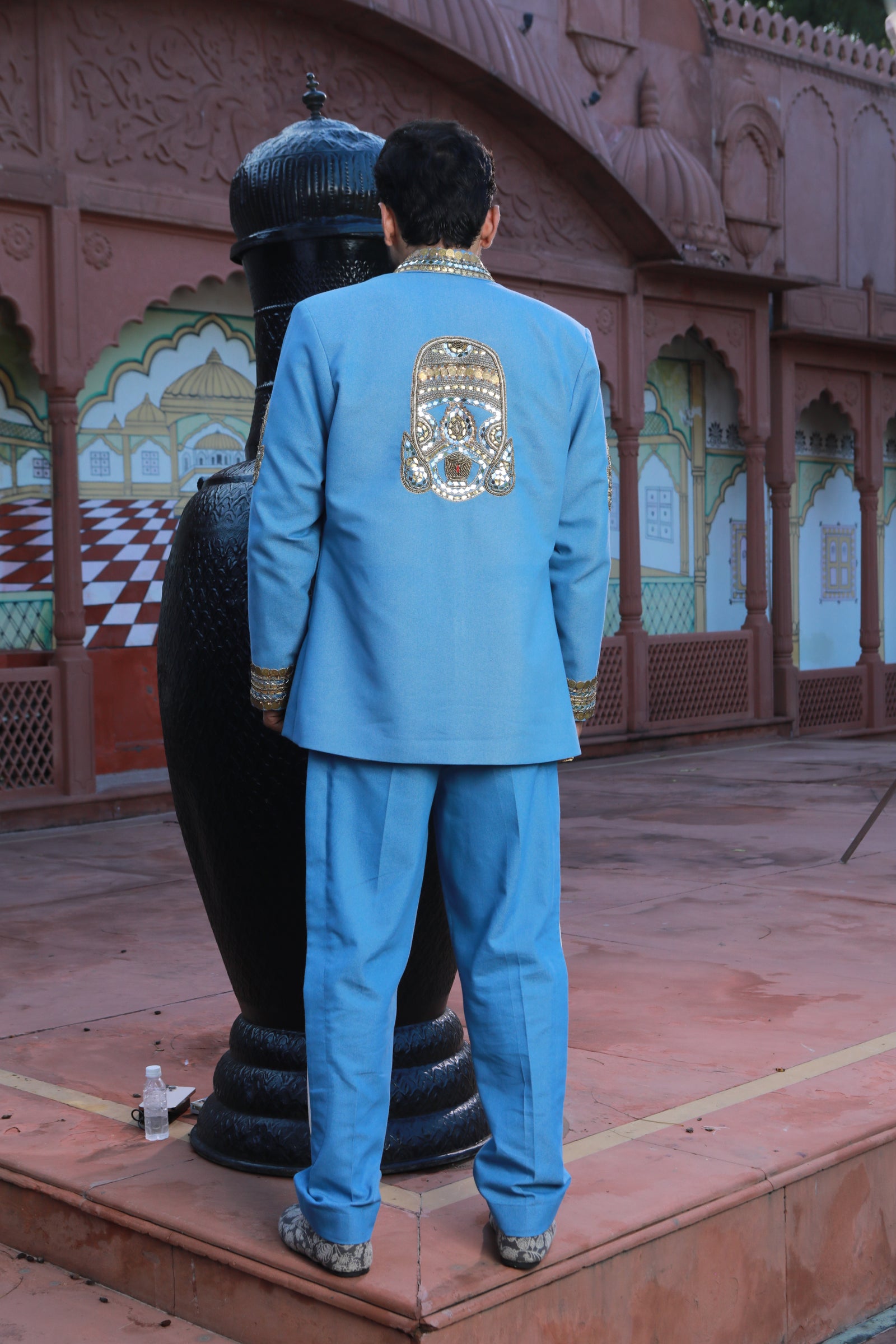 Devi Drape Denim Blazer And Kota Doria Shirt And Denim Pants