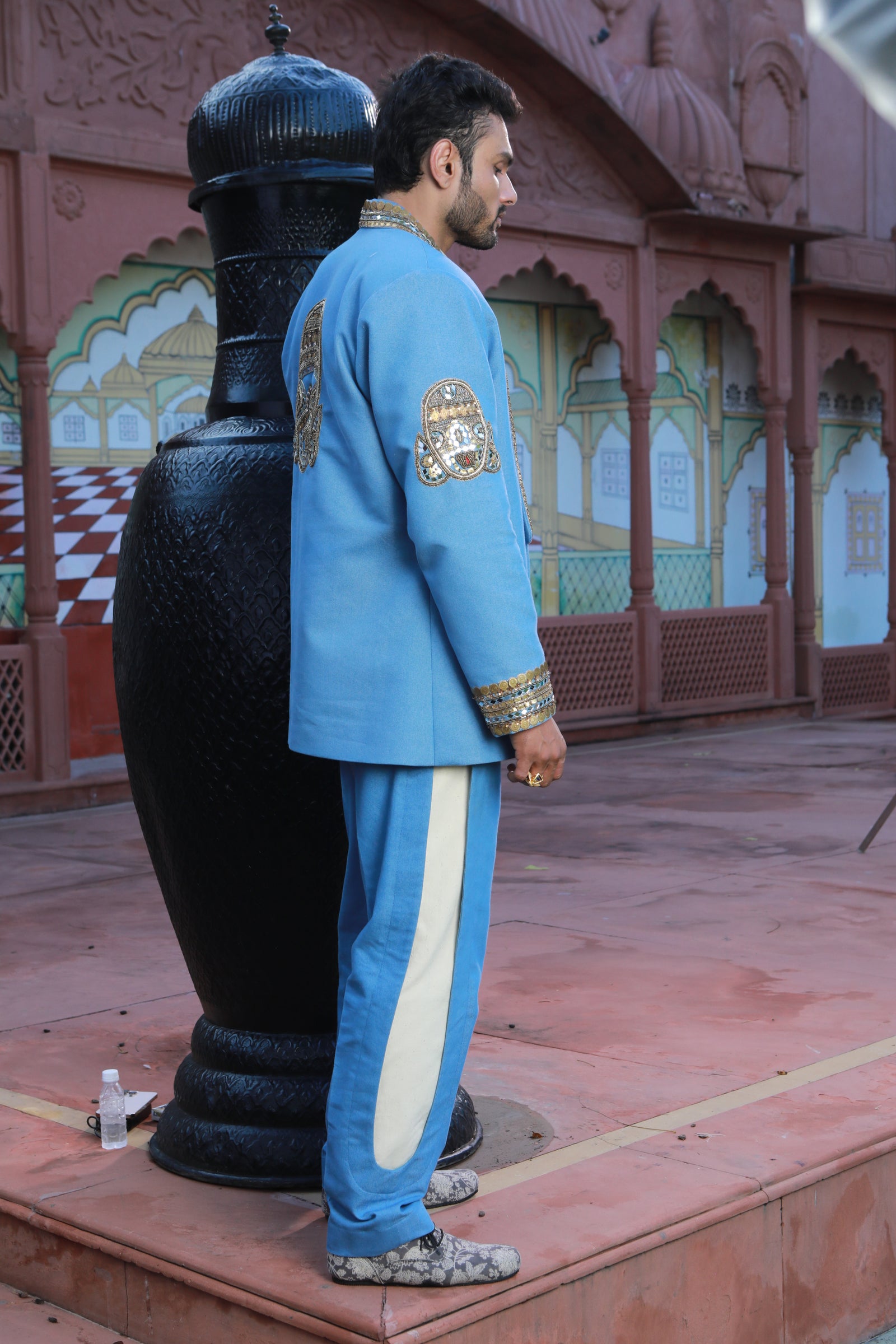 Devi Drape Denim Blazer And Kota Doria Shirt And Denim Pants