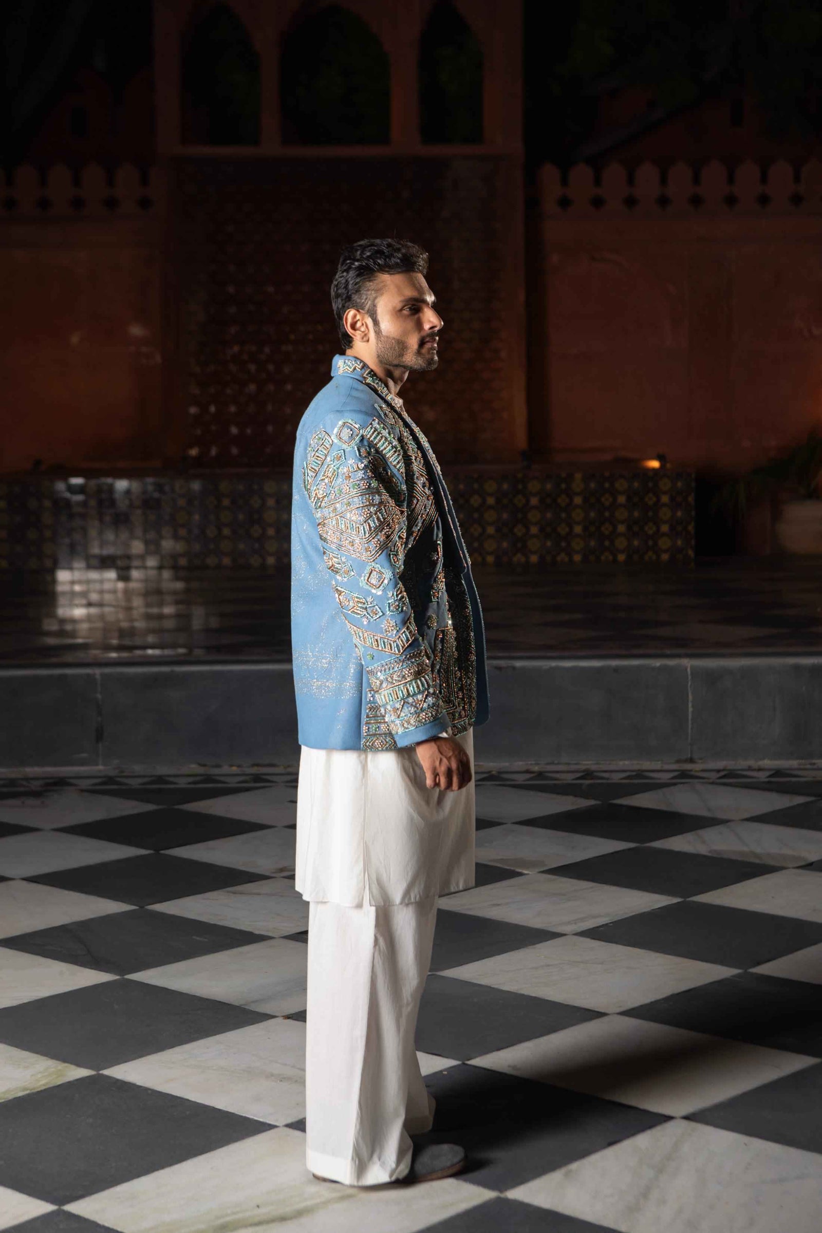 Devi Drape Denim Embellished Blazer With Kurta And Pajama