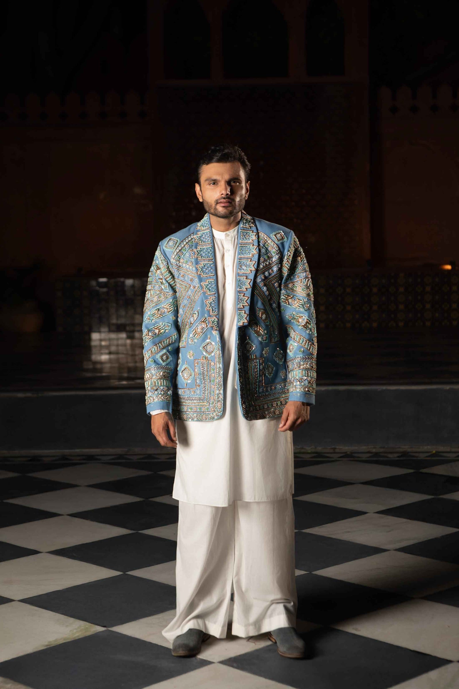 Devi Drape Denim Embellished Blazer With Kurta And Pajama