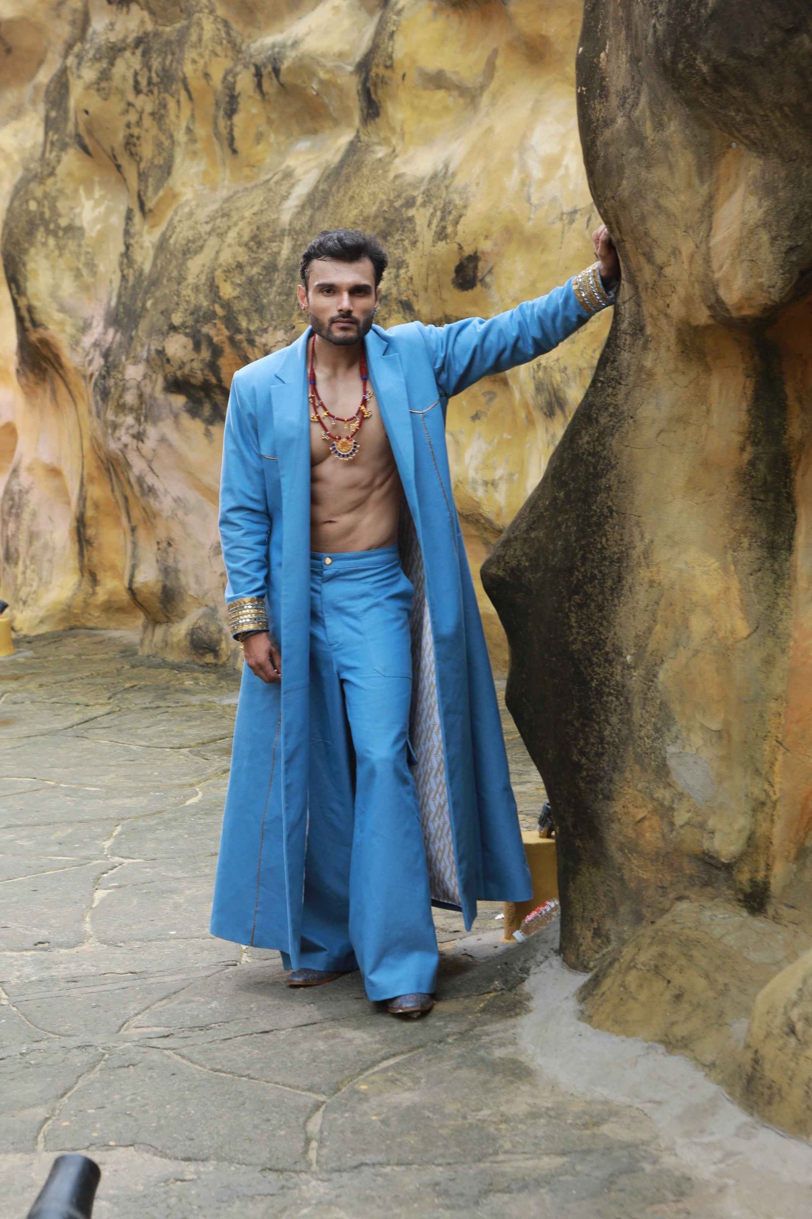 Devi Drape Denim Trench Coat With Denim Cargo Pants