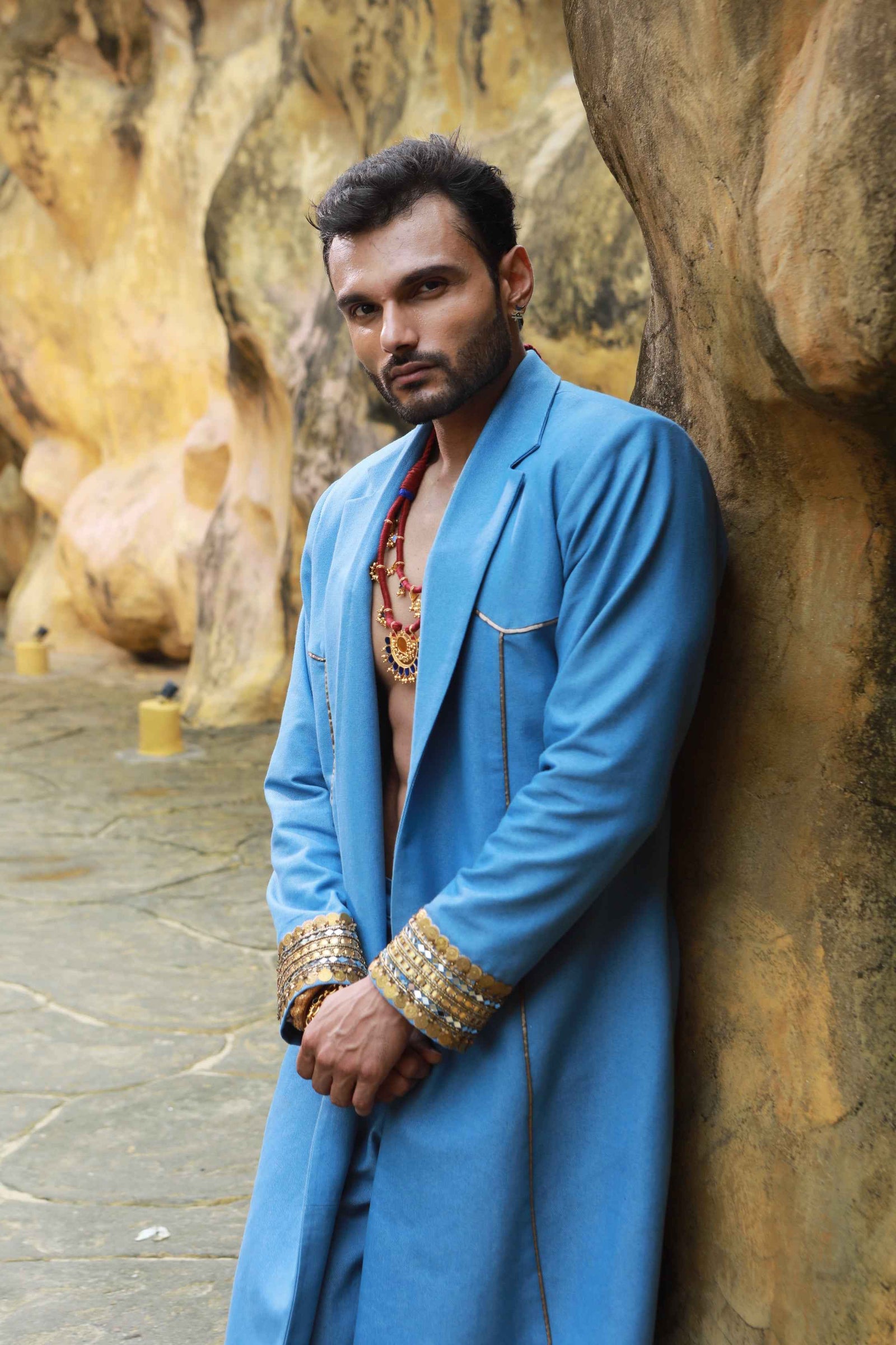 Devi Drape Denim Trench Coat With Denim Cargo Pants