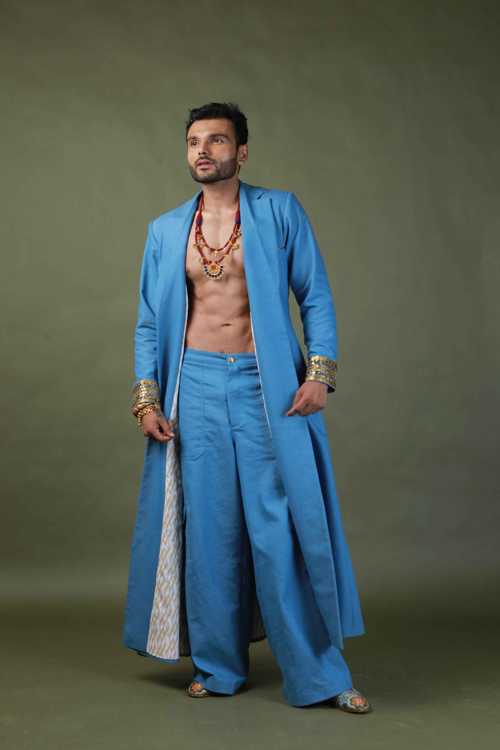 Devi Drape Denim Trench Coat With Denim Cargo Pants