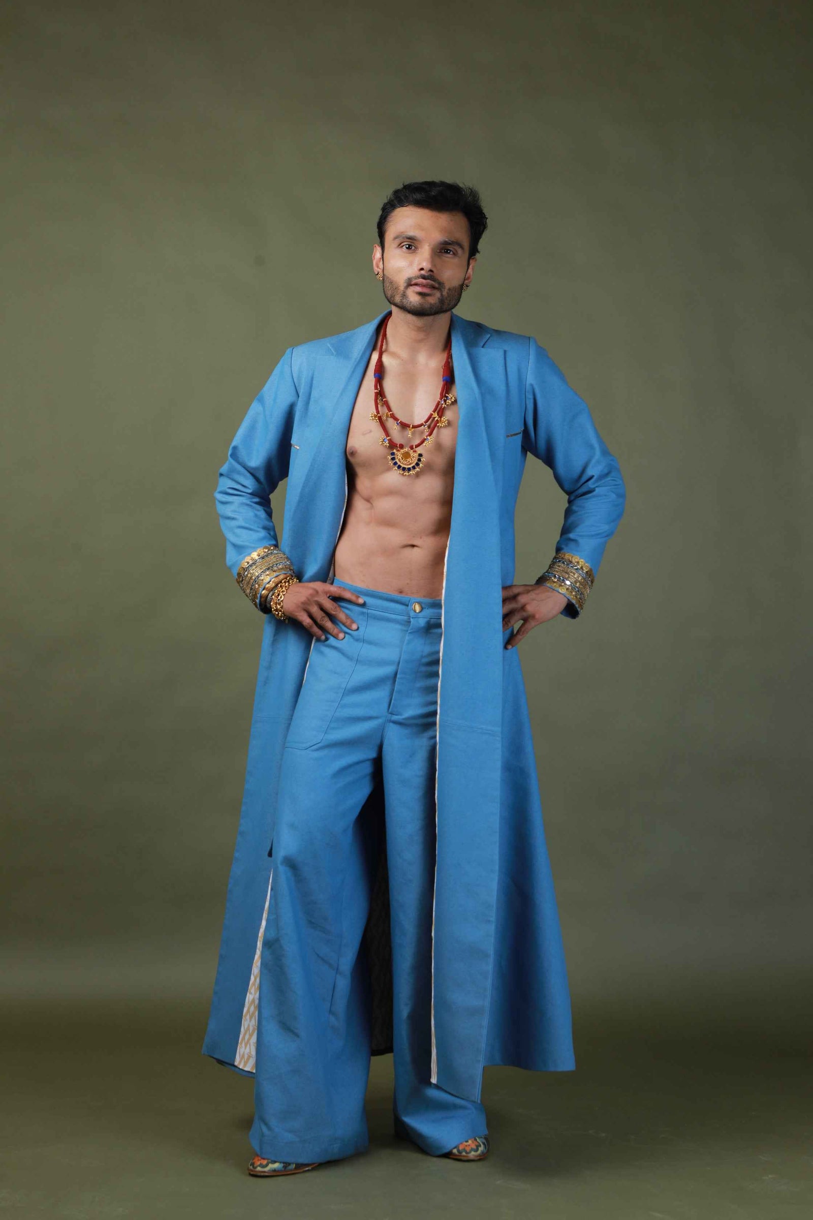 Devi Drape Denim Trench Coat With Denim Cargo Pants