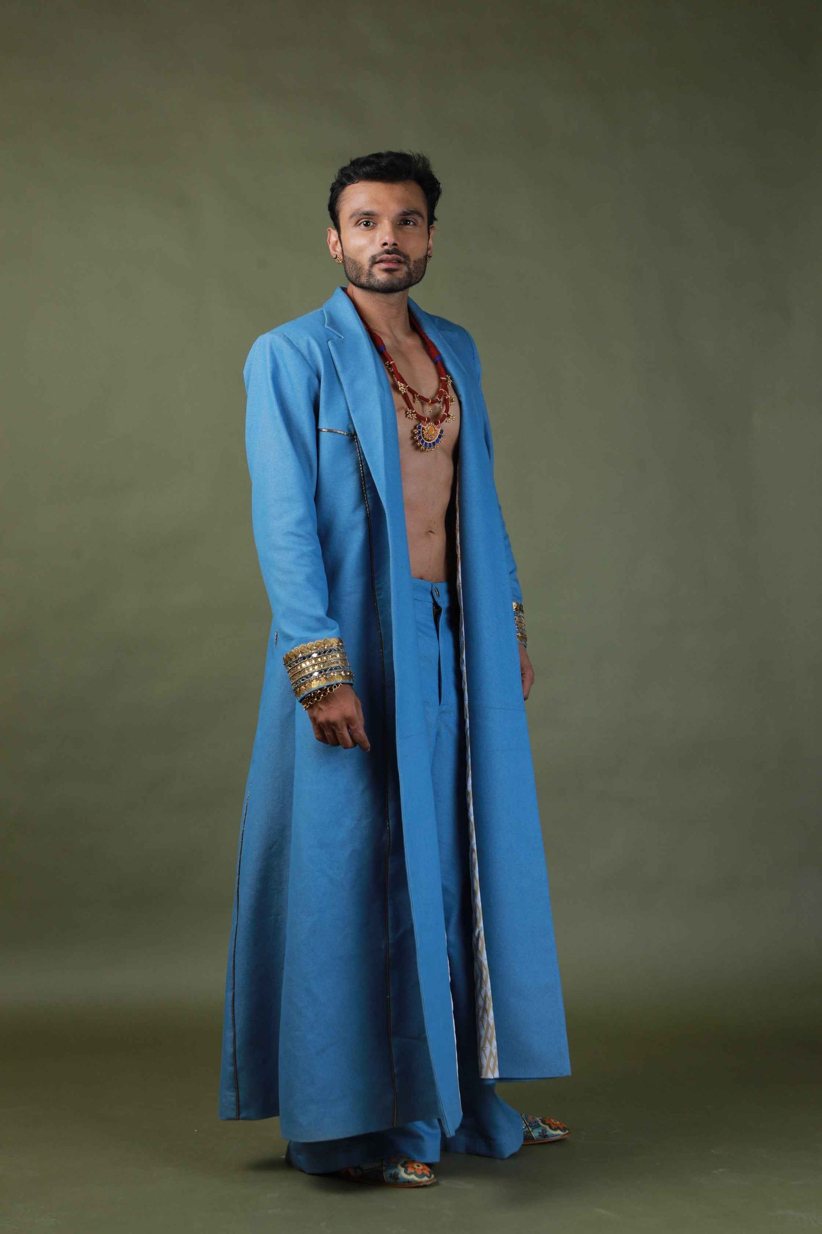 Devi Drape Denim Trench Coat With Denim Cargo Pants