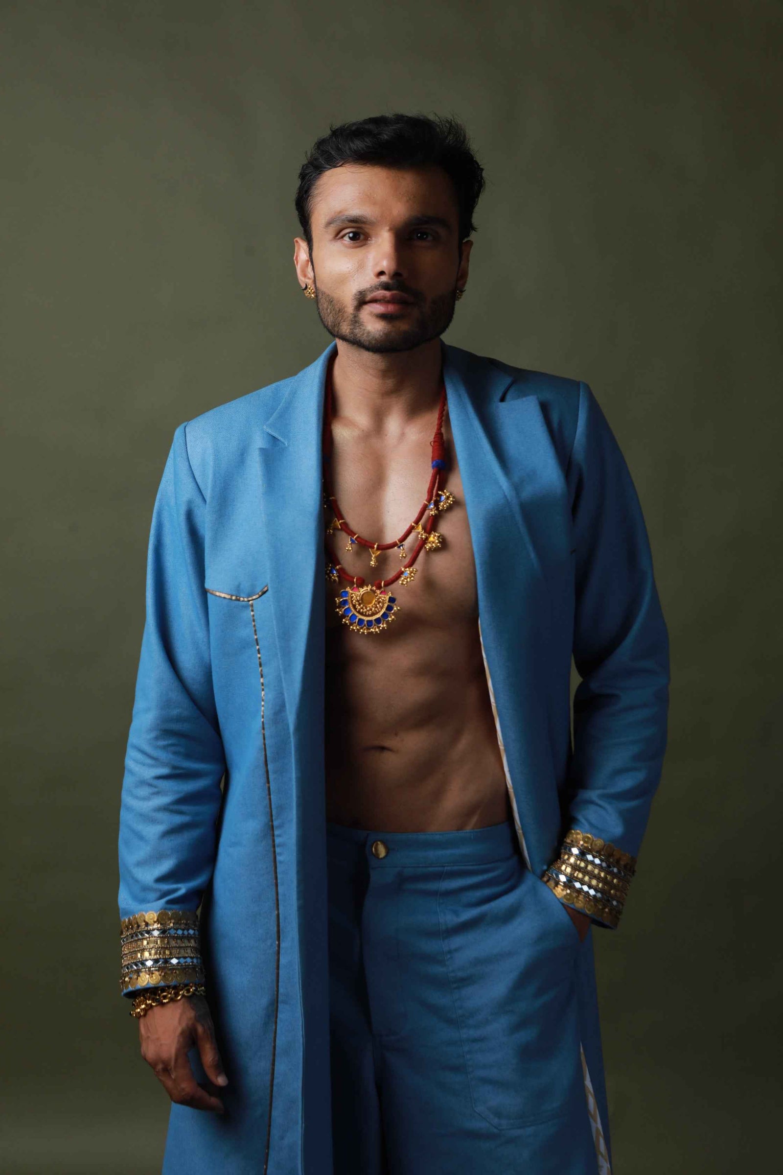 Devi Drape Denim Trench Coat With Denim Cargo Pants