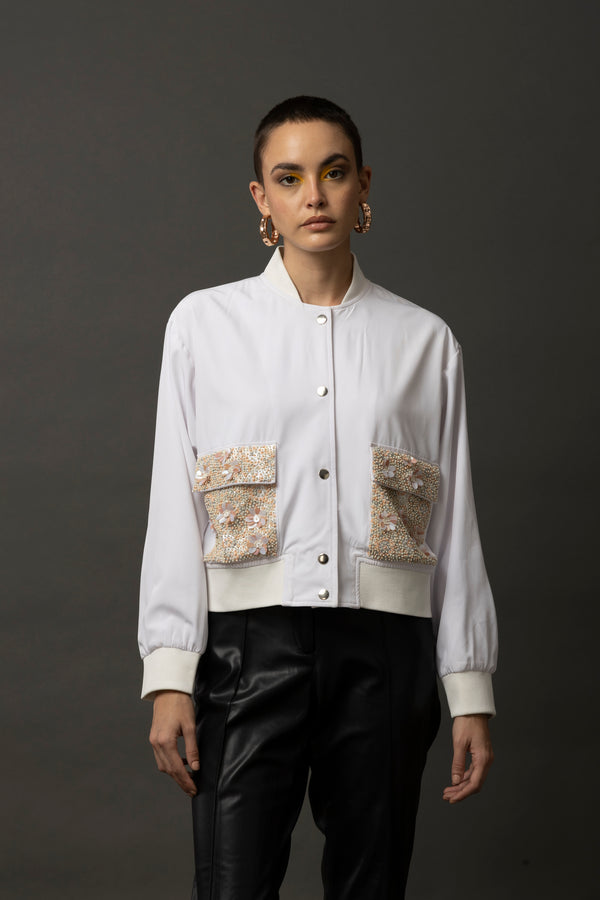 Frostine Embellished White Bomber Jacket