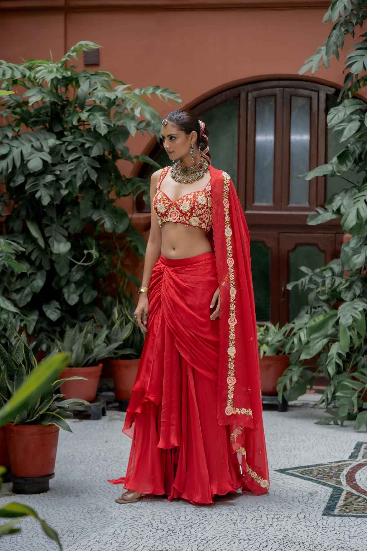 Red Organza Satin Lehenga Set