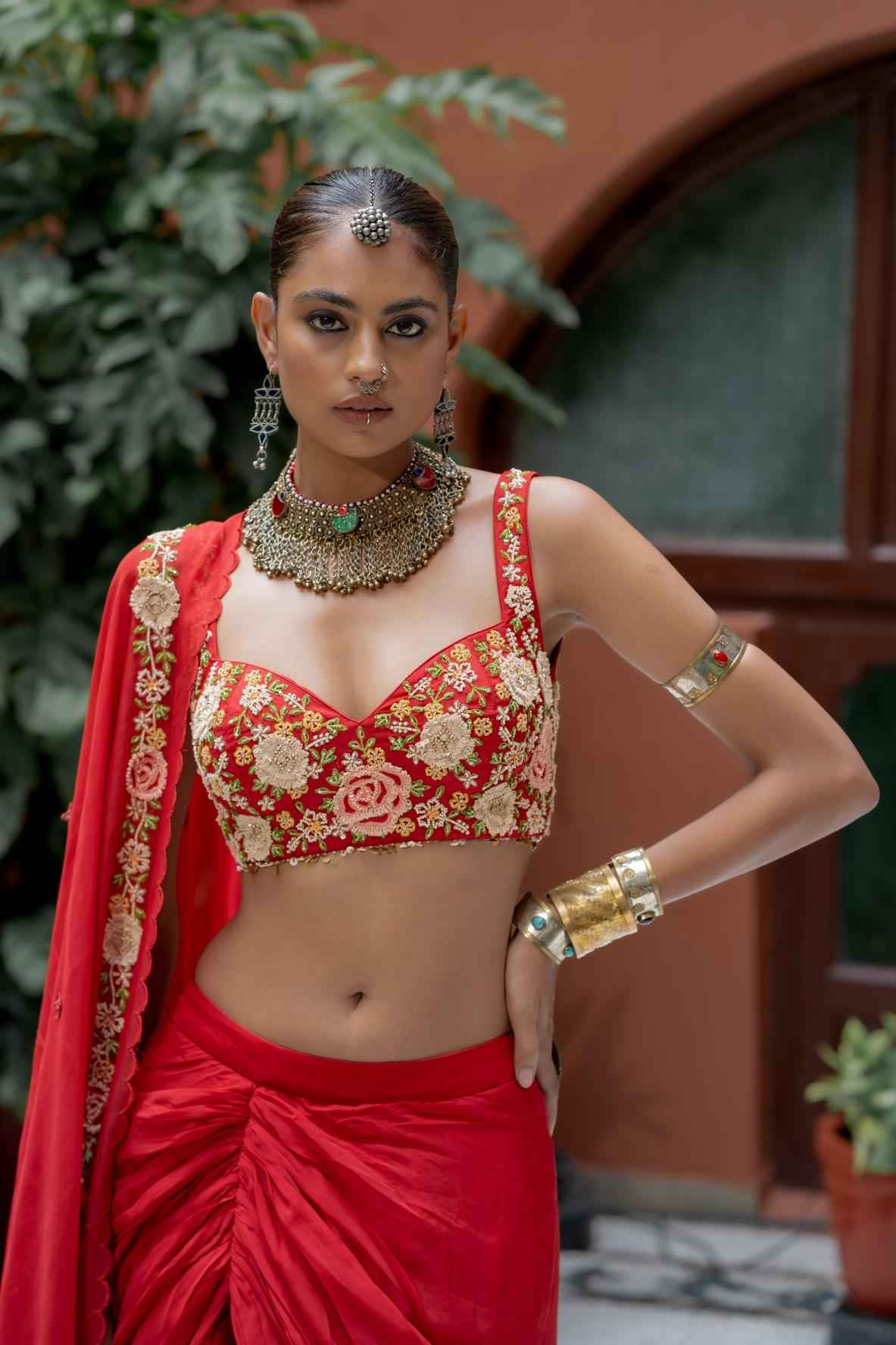 Red Organza Satin Lehenga Set