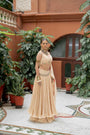 Beige Organza Lehenga Set Features a Pleated Blouse With Floral Embroidery