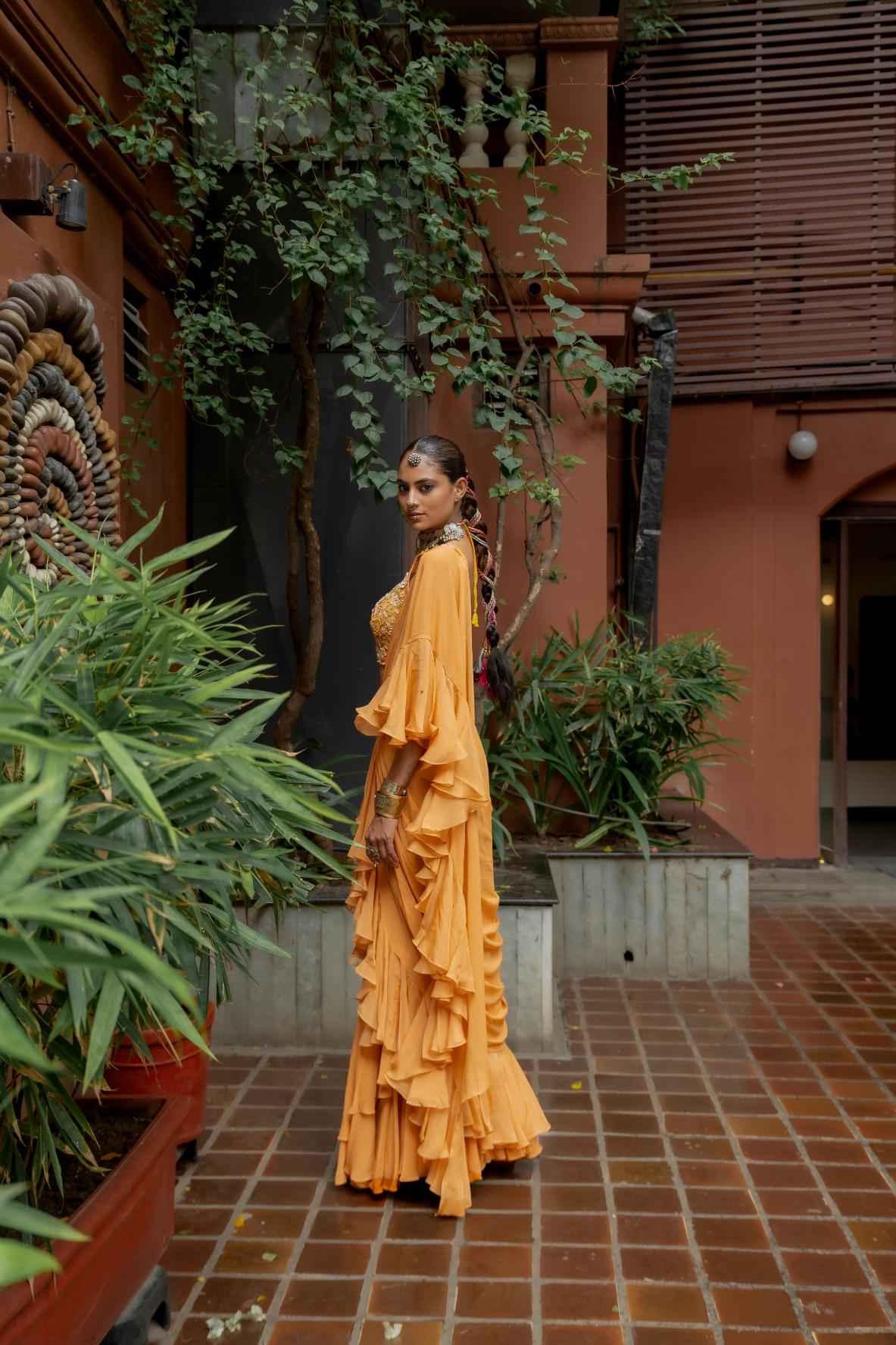 Orange Georgette Draped Ruffle Saree Set