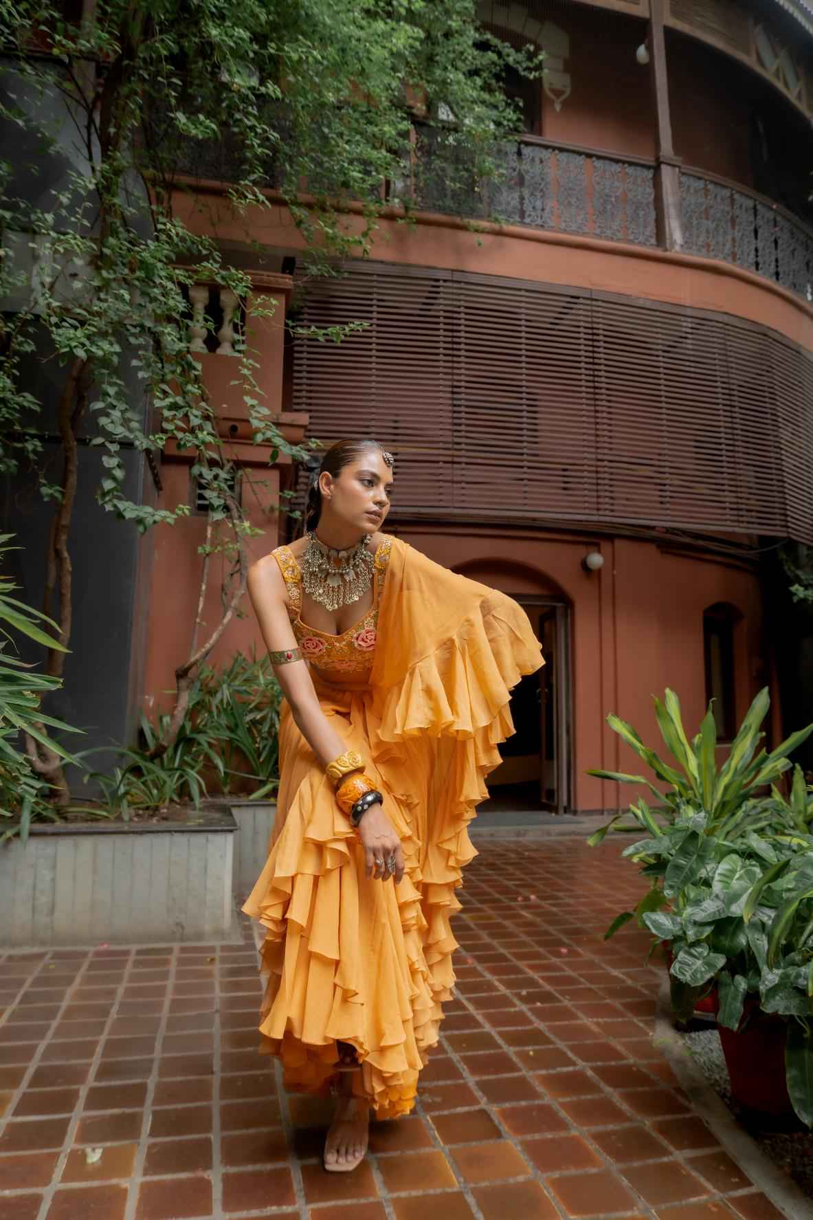 Orange Georgette Draped Ruffle Saree Set