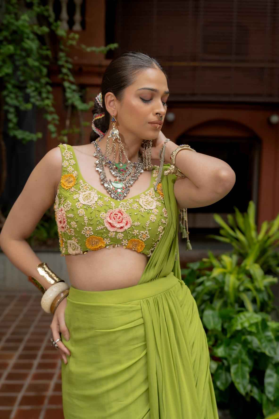 Green Georgette Draped Saree Set